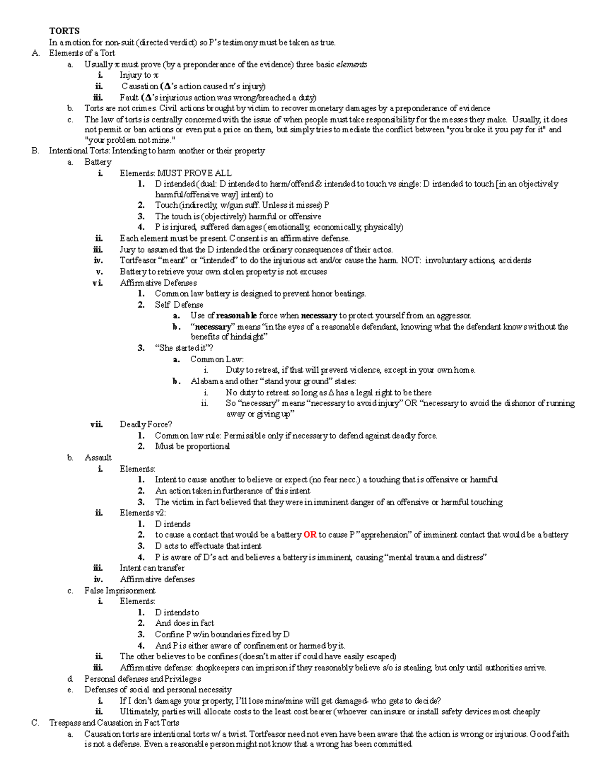 Greenwood Torts Outline TORTS In a motion for nonsuit (directed verdict) so P’s testimony