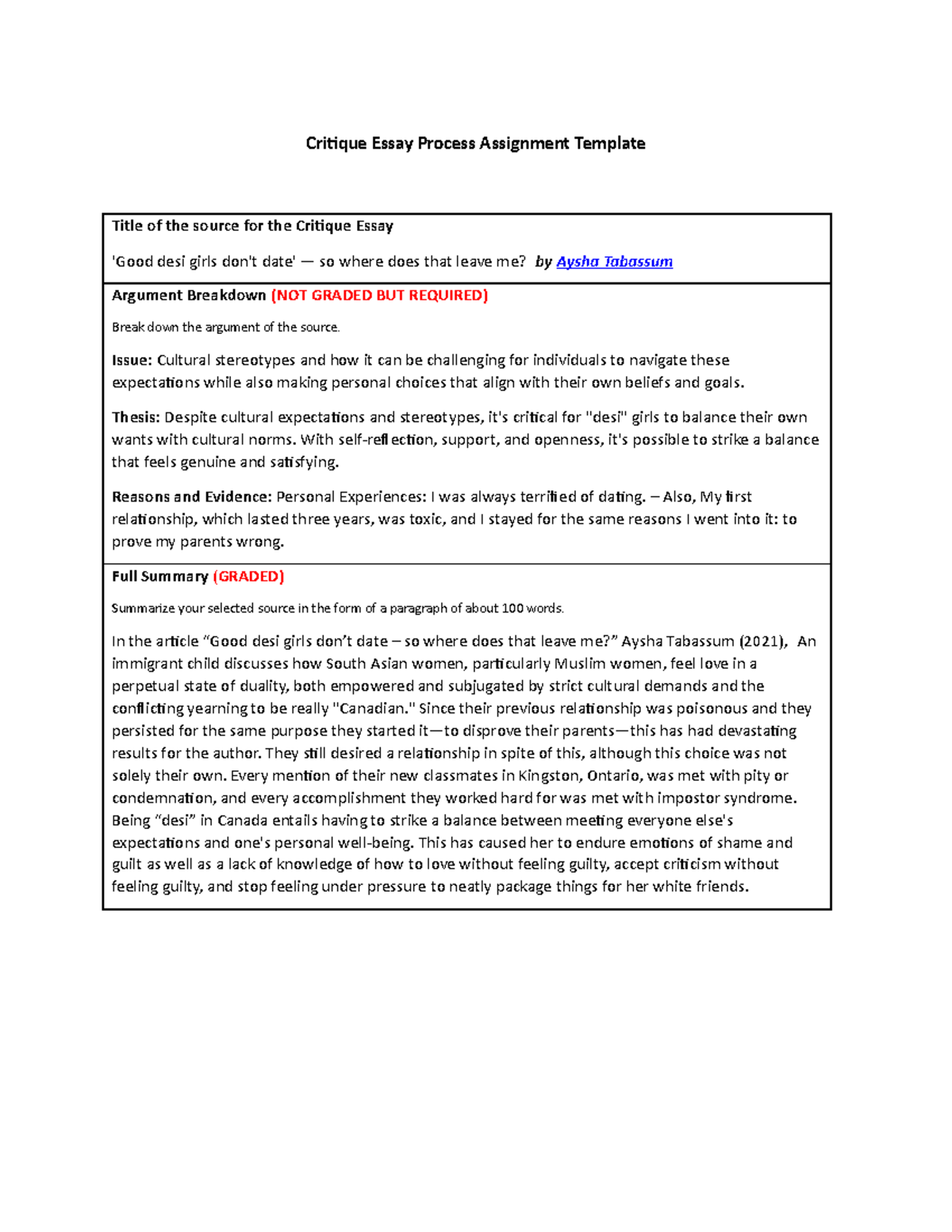 critique essay process assignment template