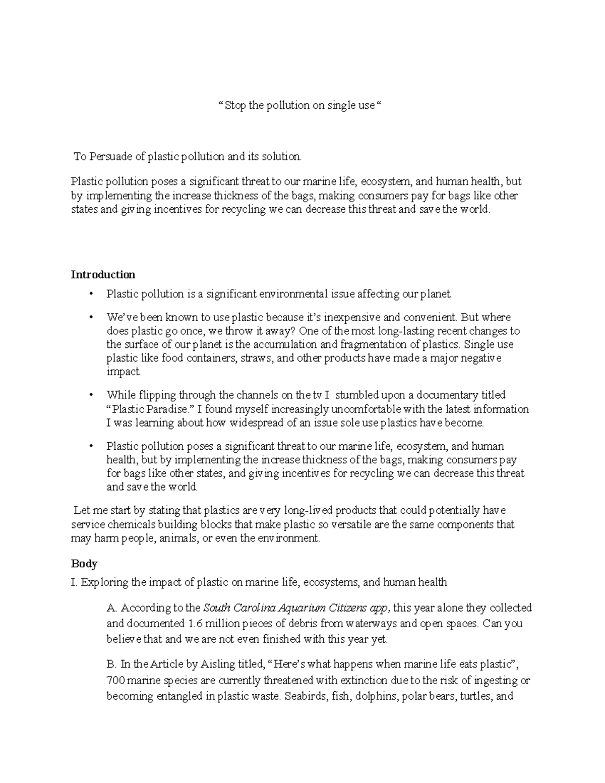 Persuasive Outline Template for Preparation Outline copy - “Stop the ...