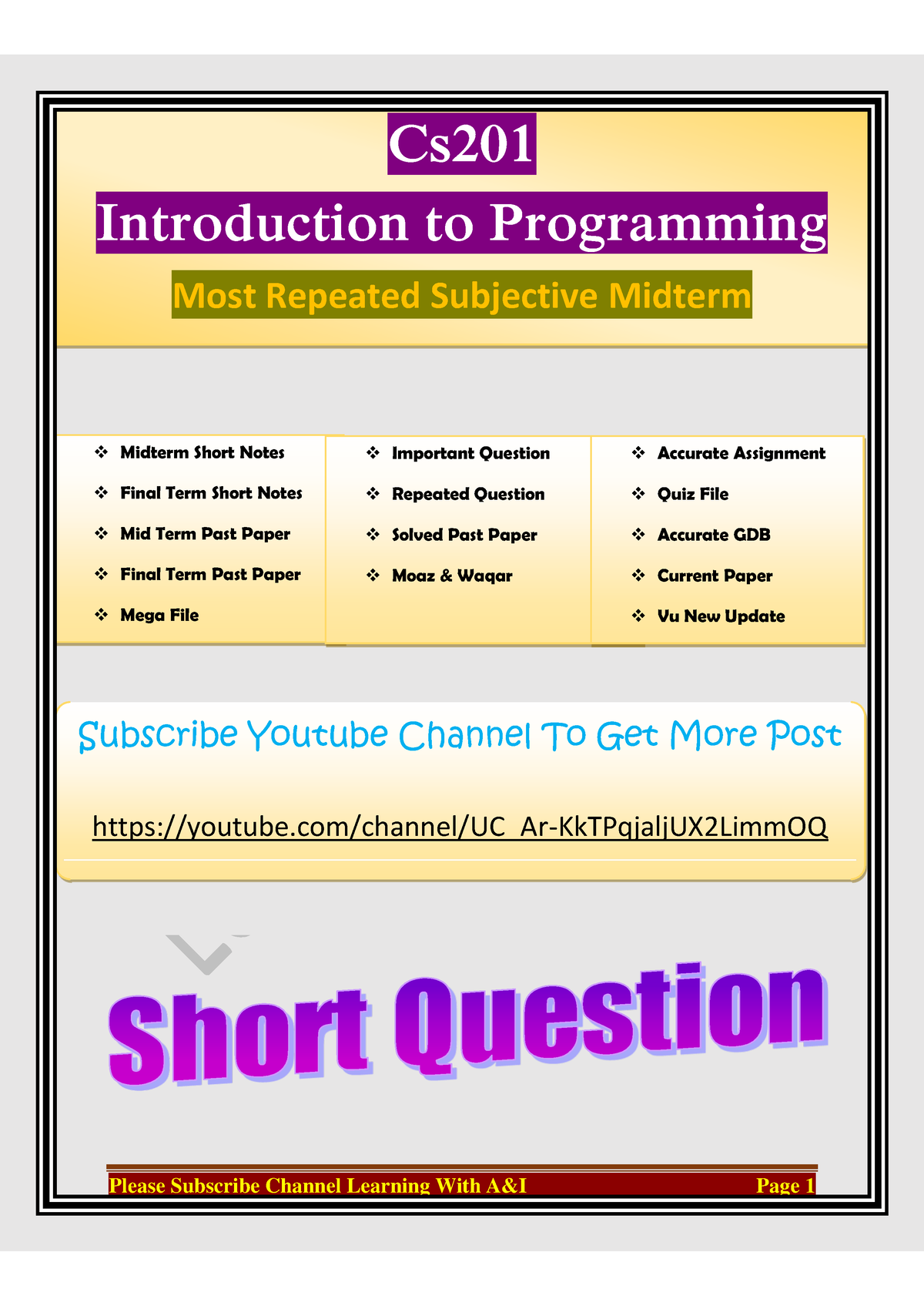 Cs201-midterm-subject - Cs Introduction To Programming Most Repeated ...