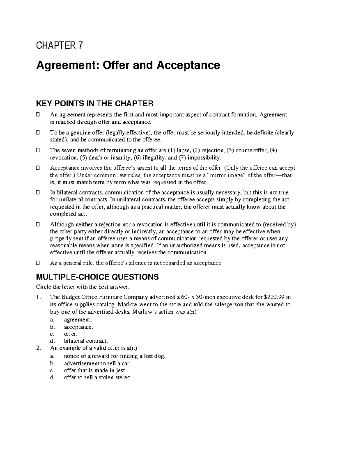 Ch07 Agreement Offer and Acceptance CHAPTER 7 Agreement Offer and Acceptance KEY POINTS IN