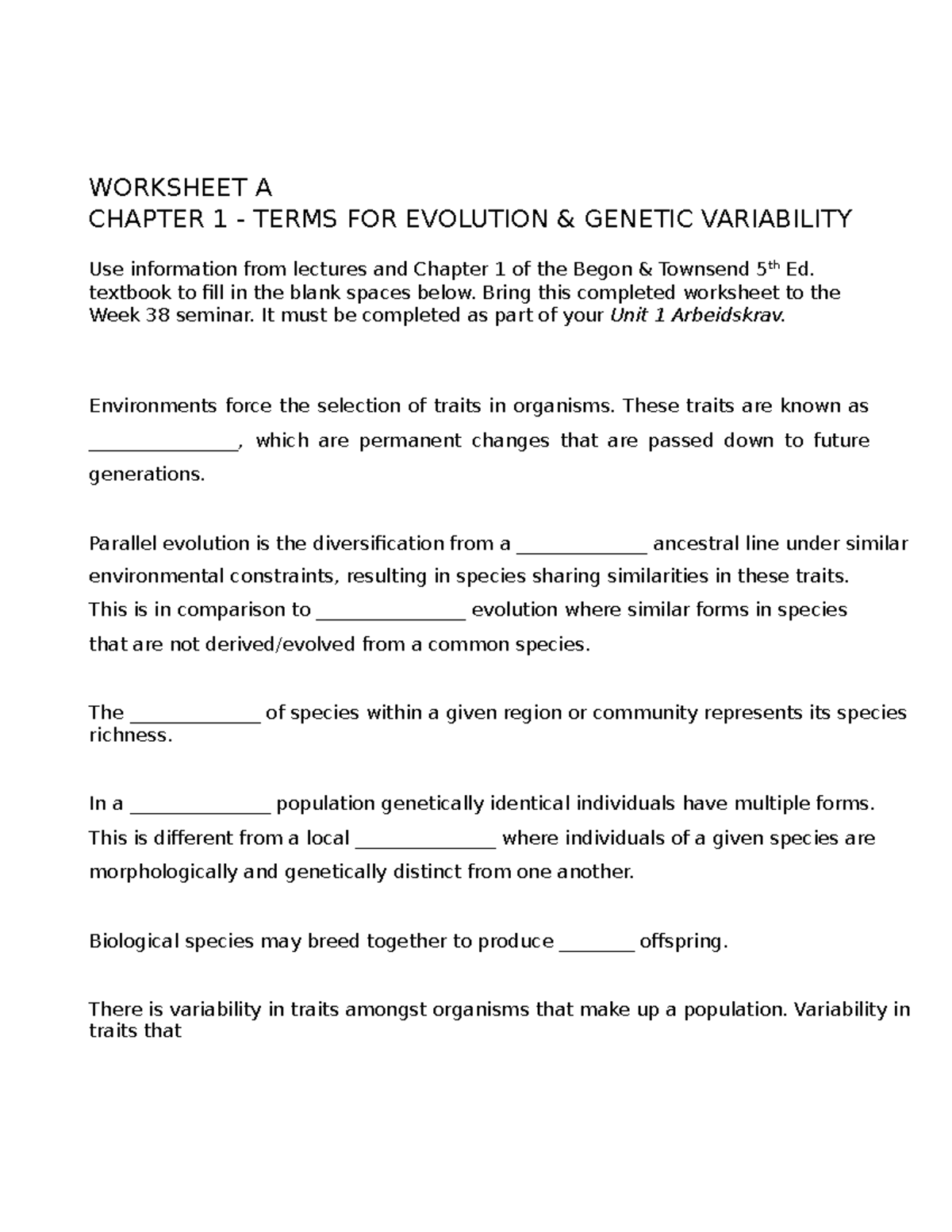 Worksheet A (Chapter 1 evolutionary terminology) - WORKSHEET A CHAPTER ...
