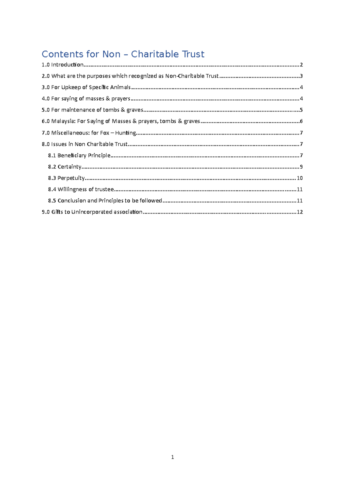 Non - Charitable Trust - Contents for Non – Charitable Trust 1 - Studocu