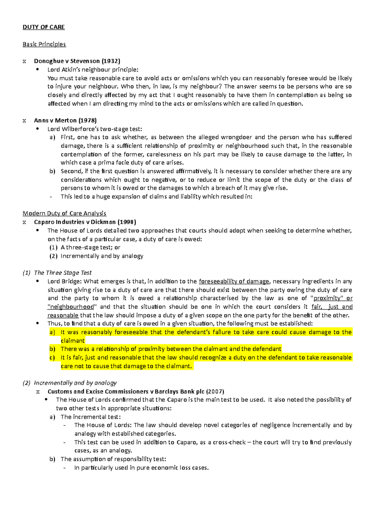 DUTY OF CARE - DUTY OF CARE Basic Principles x Donoghue v Stevenson ...