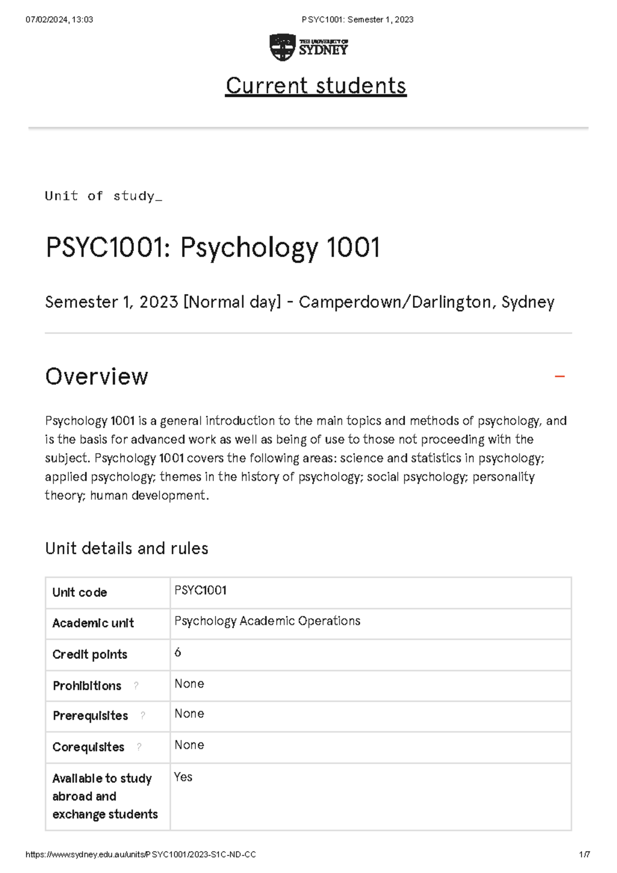 PSYC1001 Semester 1, 2023 Unit Outline - Unit Of Study_ PSYC1001 ...