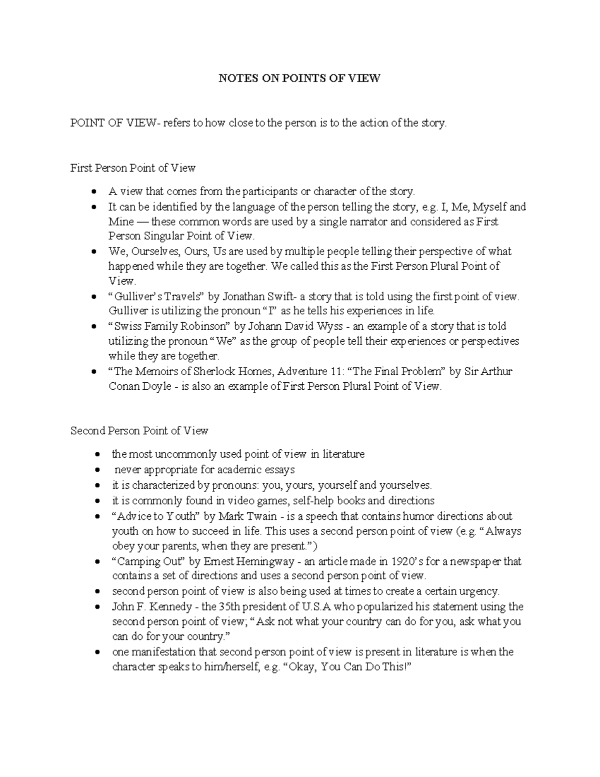 Points of View - nnn - NOTES ON POINTS OF VIEW POINT OF VIEW- refers to ...