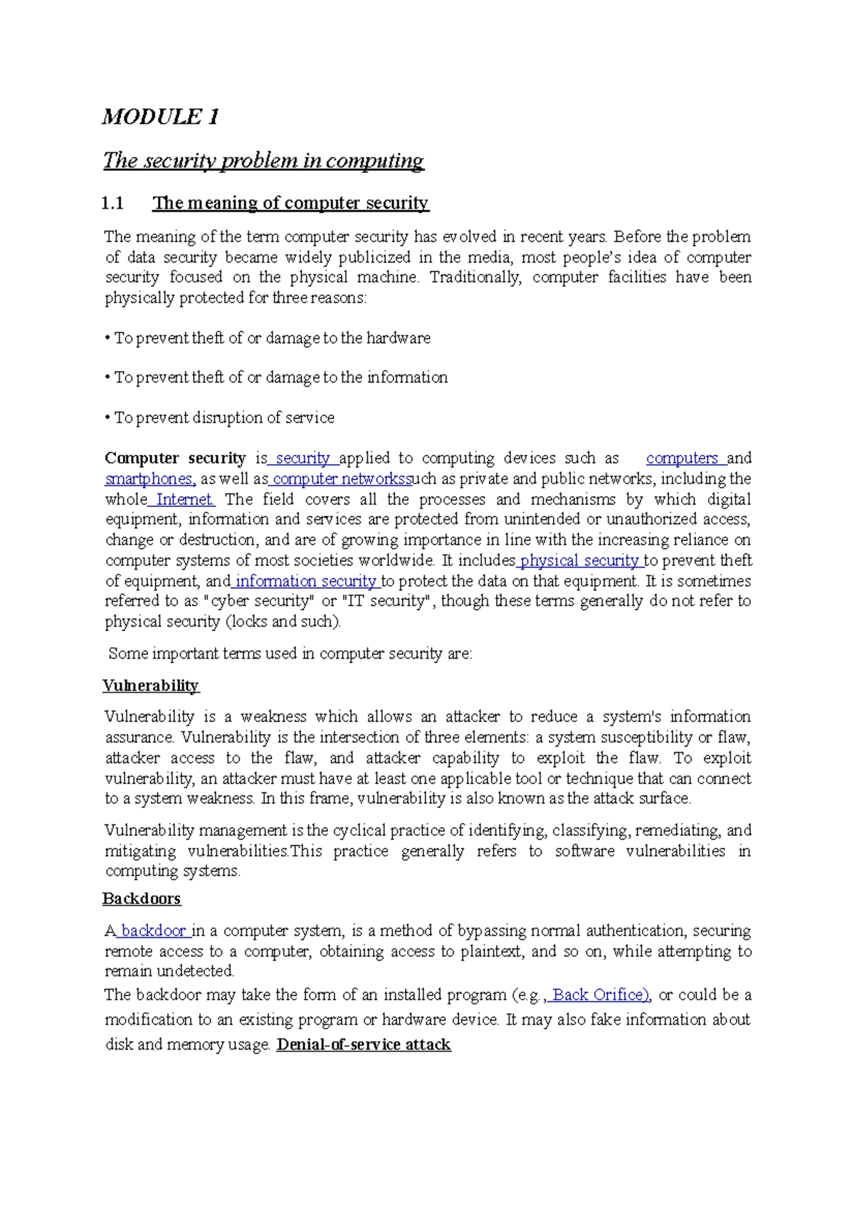 Cyber security notes number 2 - MODULE 1 The security problem in ...