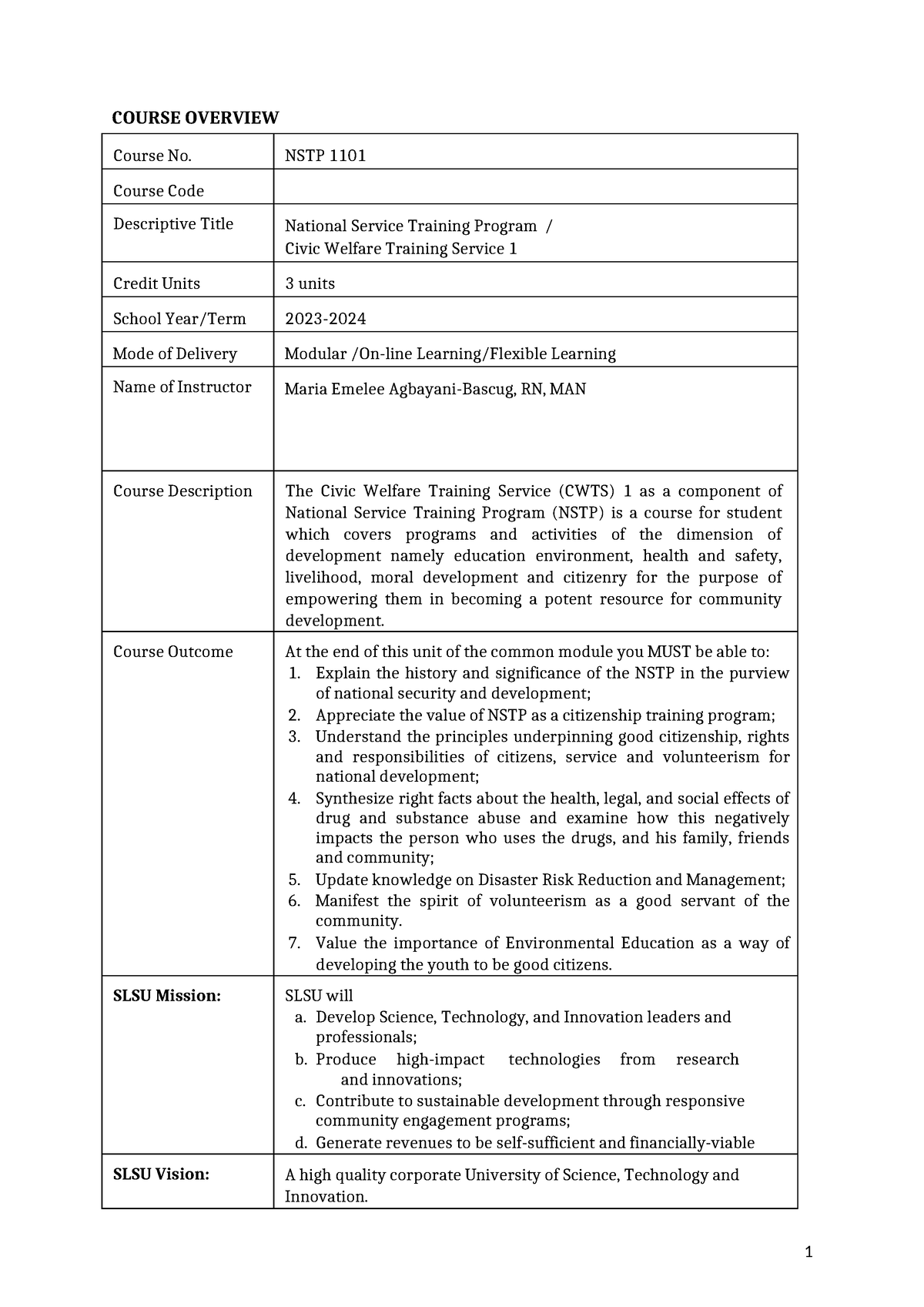 All Modules in NSTP 2023 2024 - COURSE OVERVIEW Course No. NSTP 1101 ...