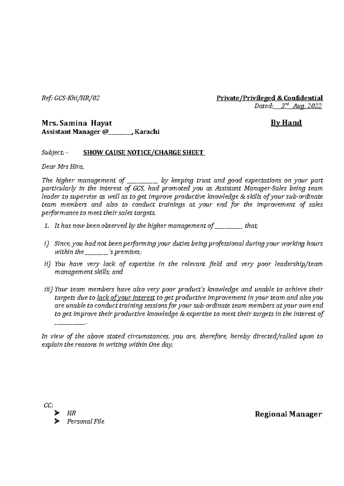 Show Cause Notice - Hira Hayat - Ref: GCS-Khi/HR/02 Private/Privileged ...