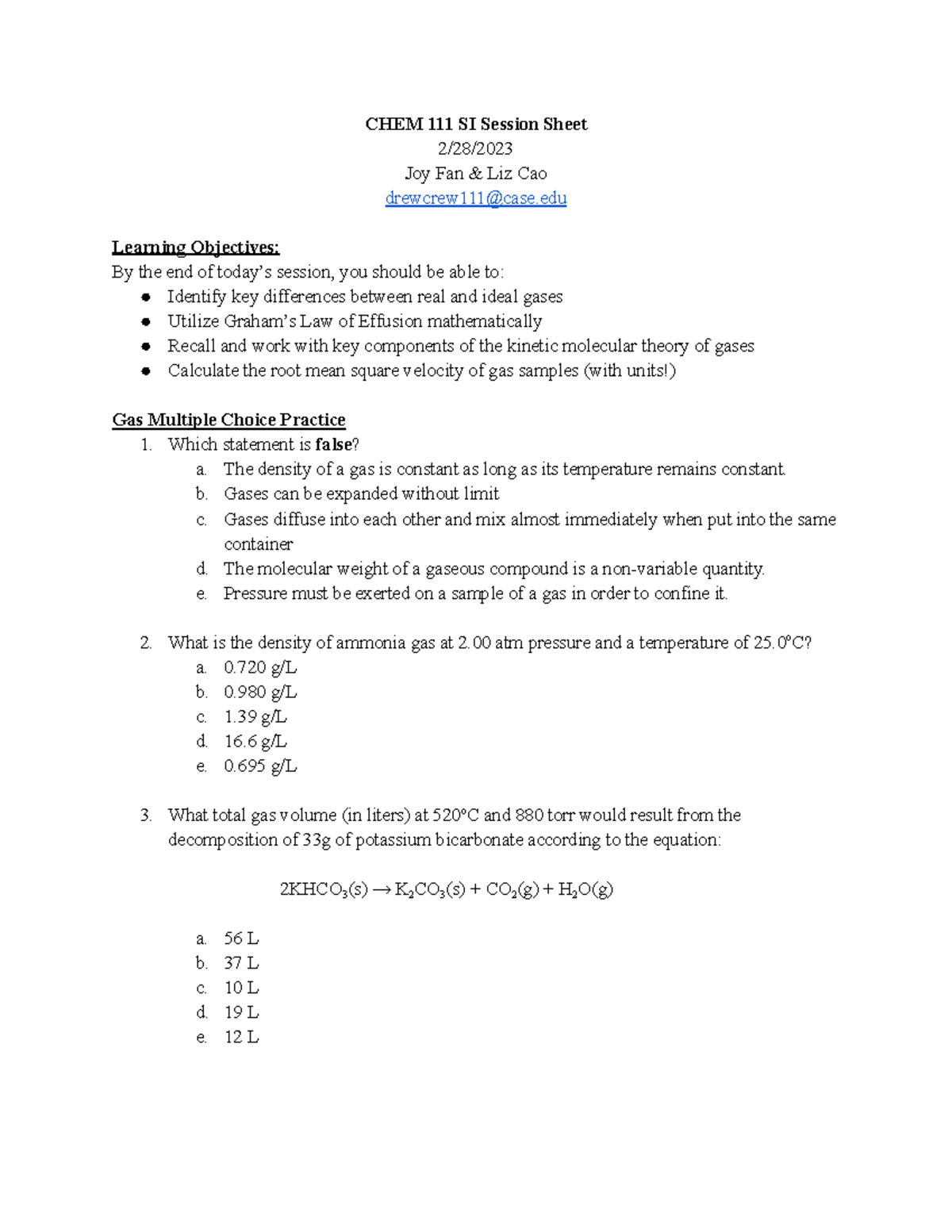 2 28 Sheet - CHEM111 ASSIGNMENT. - CHEM 111 SI Session Sheet 2/28/ Joy ...