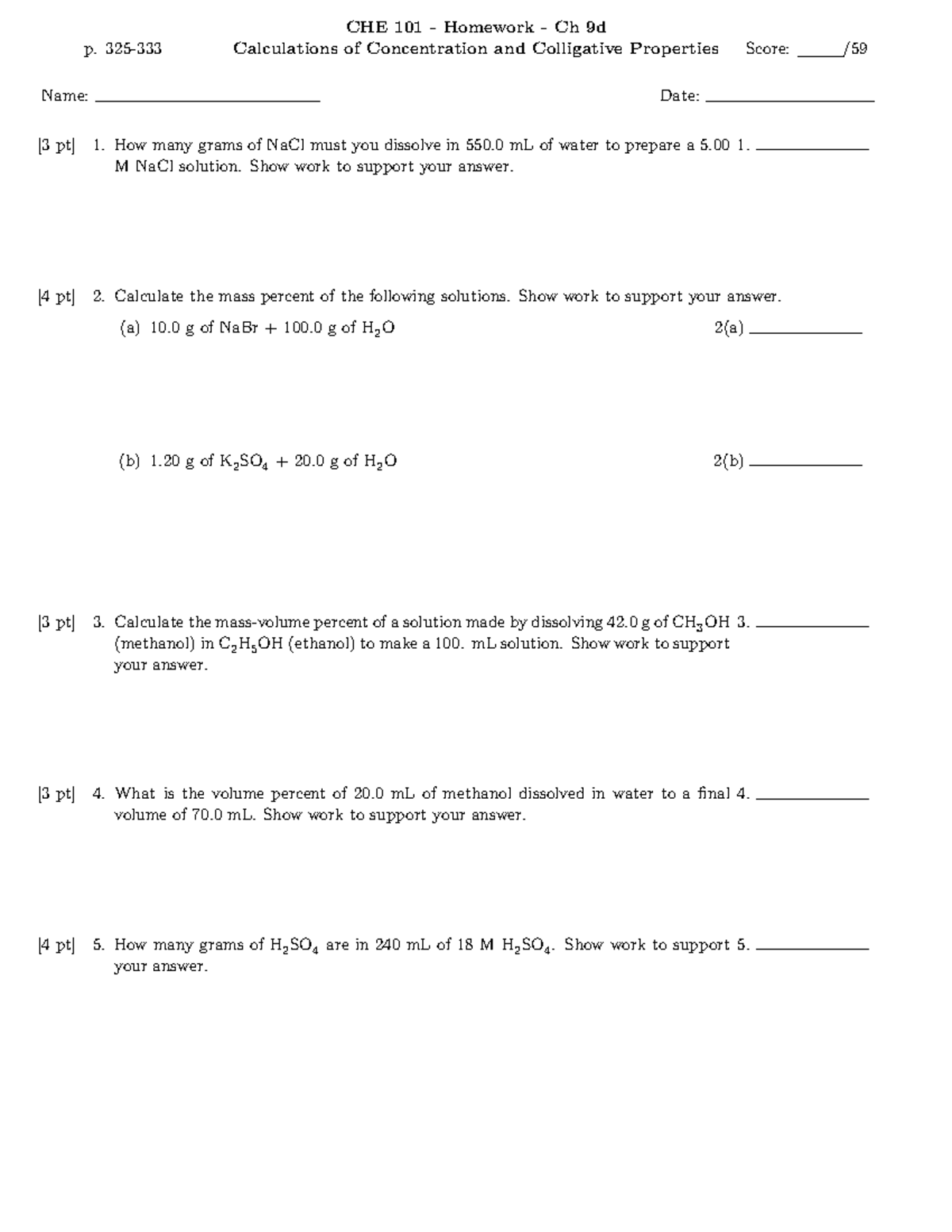 CHE101 Homework - p. 325- Calculations of Concentration and Colligative ...