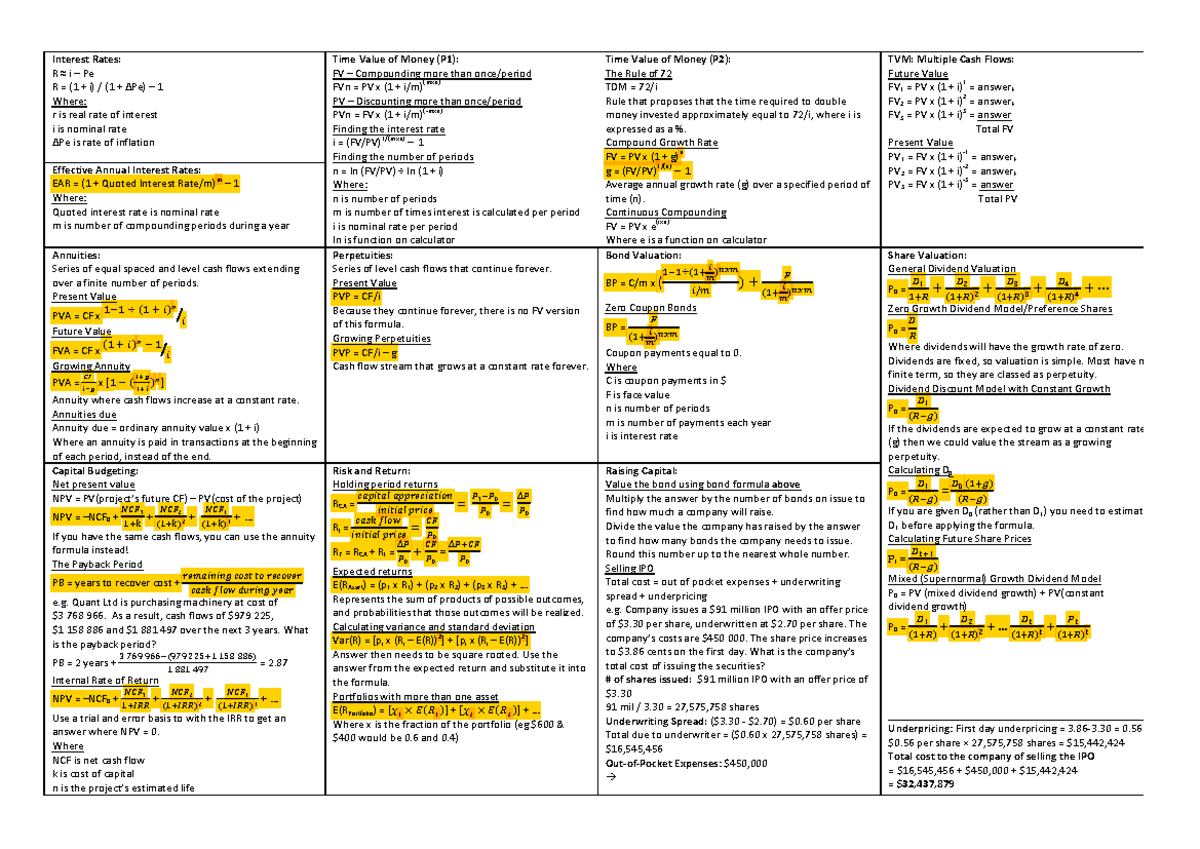 Finance Reference Sheet copy 2 - Interest Rates: R ≈ i – Pe R = (1 + i ...