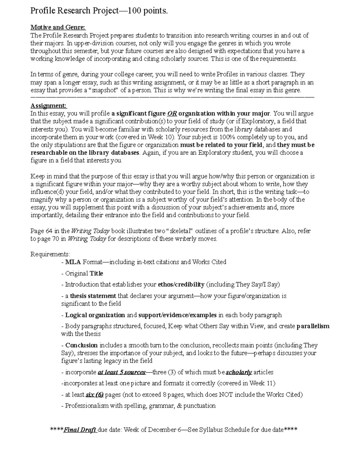 Profile Research Project Prompt - Profile Research Project—100 points ...