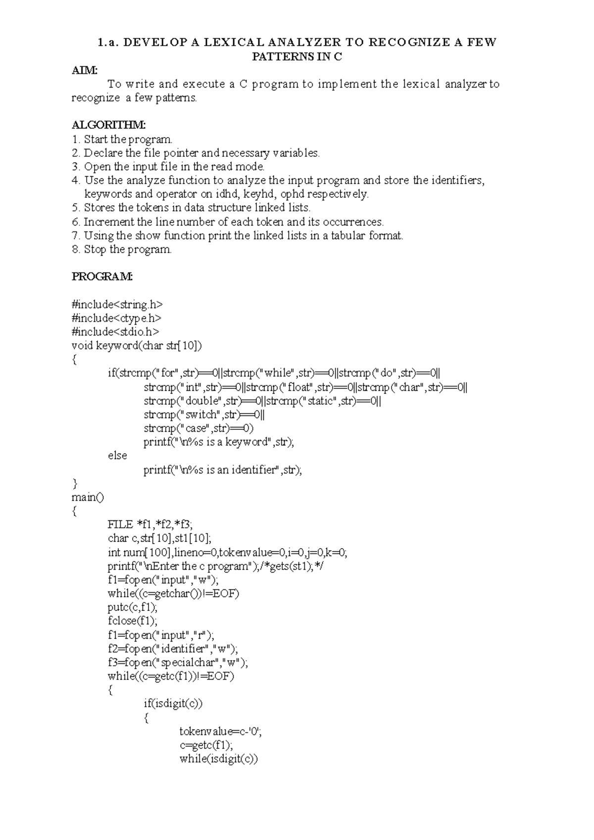 CD Program 1 3 - 1. DEVELOP A LEXICAL ANALYZER TO RECOGNIZE A FEW ...