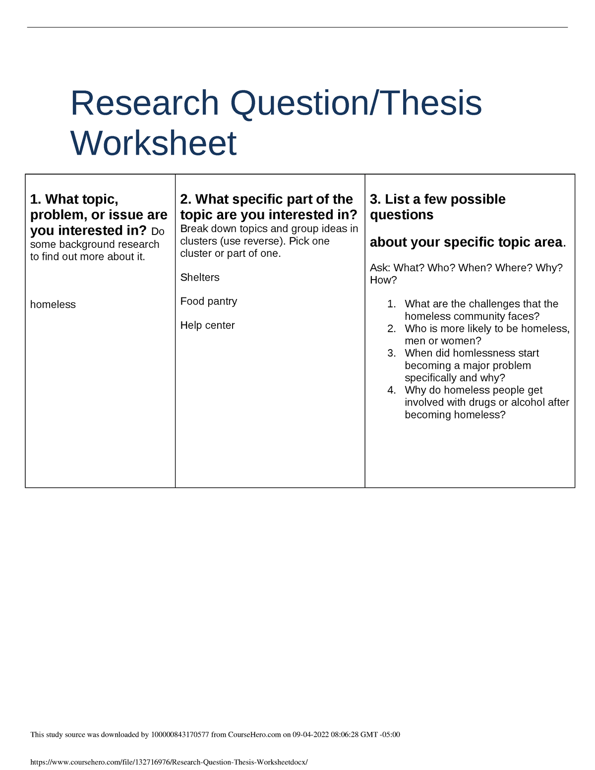 developing a research question worksheet high school