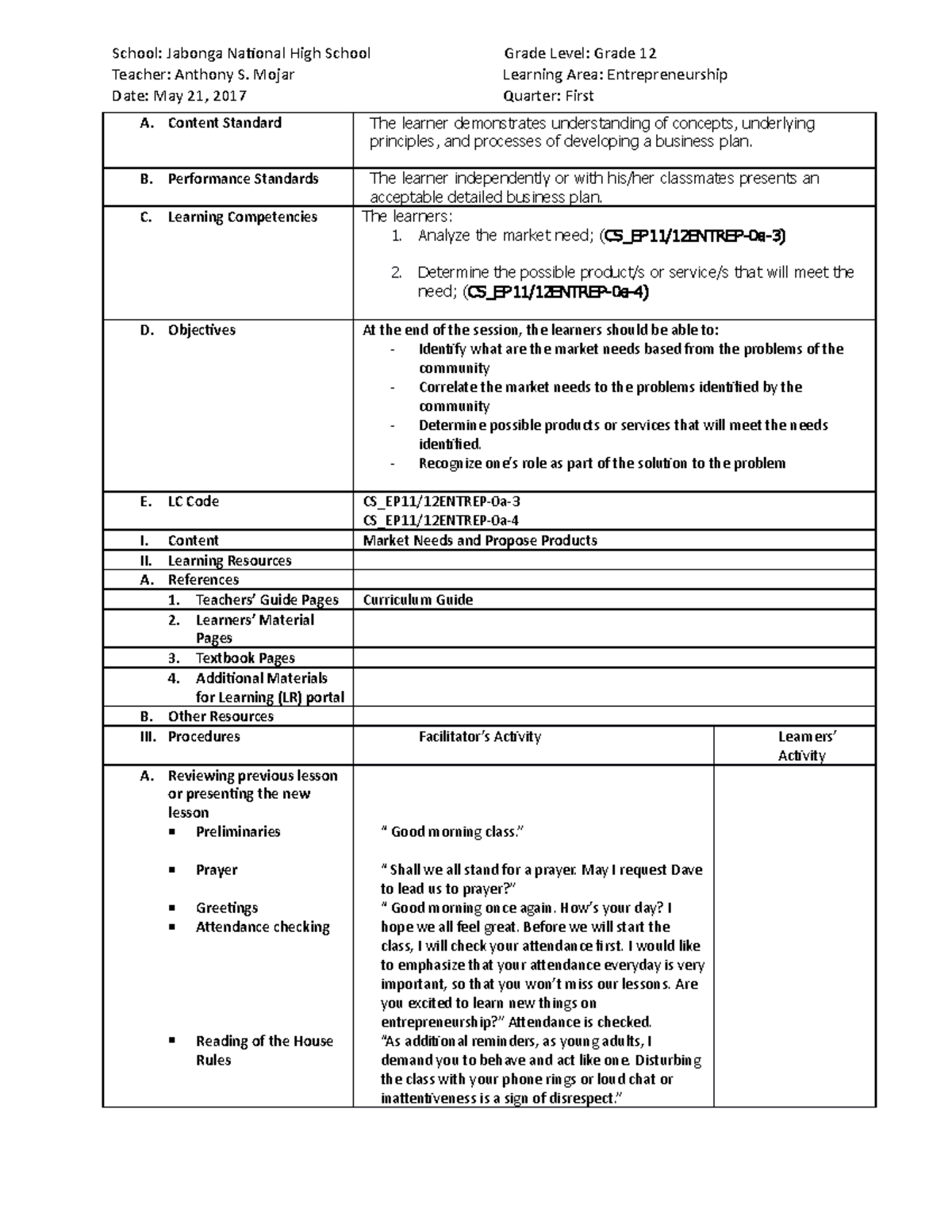 Detailed Lesson Plan on Entrepreneurship - Teacher: Anthony S. Mojar ...