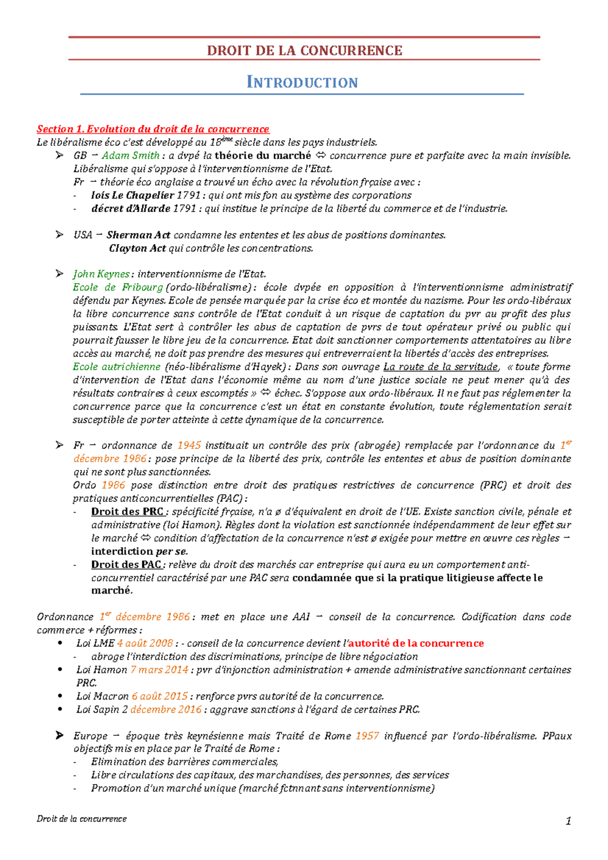Fiche Droit de la concurrence DROIT DE LA CONCURRENCE INTRODUCTION