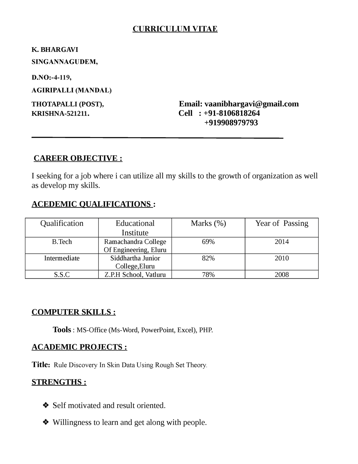 Resume - gfgdgfsr - CURRICULUM VITAE K. BHARGAVI SINGANNAGUDEM, D:-4 ...