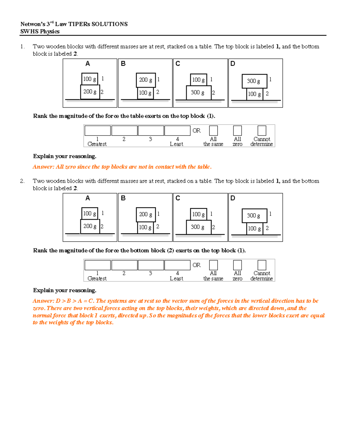 Force Tipers (3rd Law) Solutions - Netwon’s 3rd Law TIPERs SOLUTIONS ...