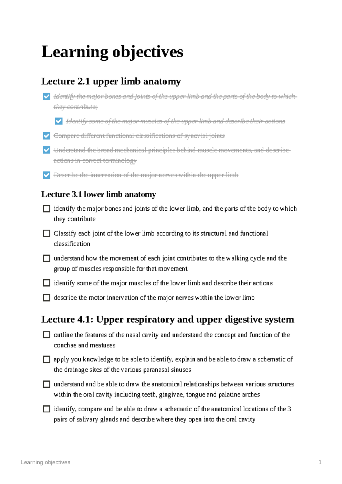 Learning Objectives ANAT 2011 - Learning Objectives 1 Learning ...