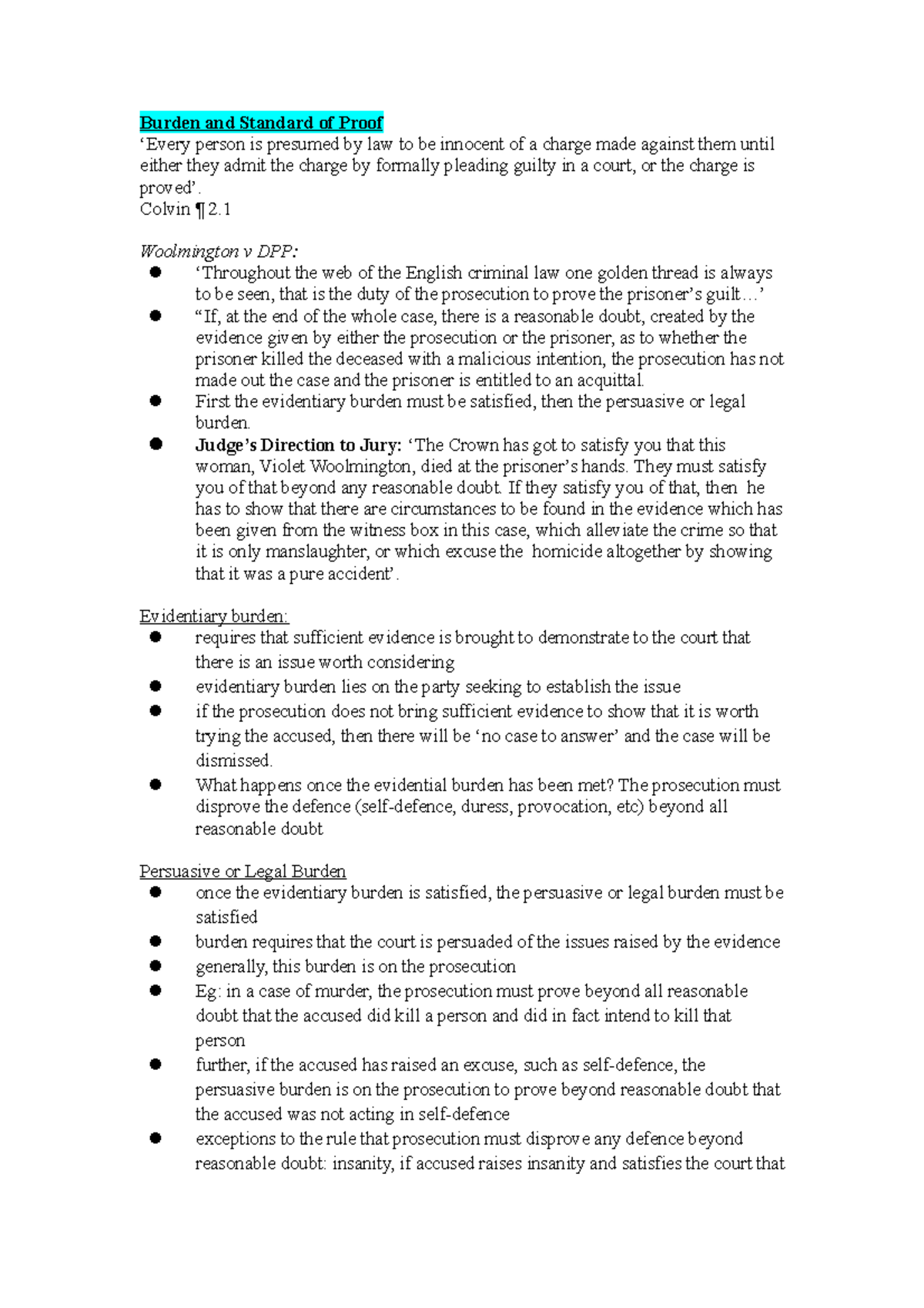 Final Exam Notes Criminal Law - Burden And Standard Of Proof Person Is ...