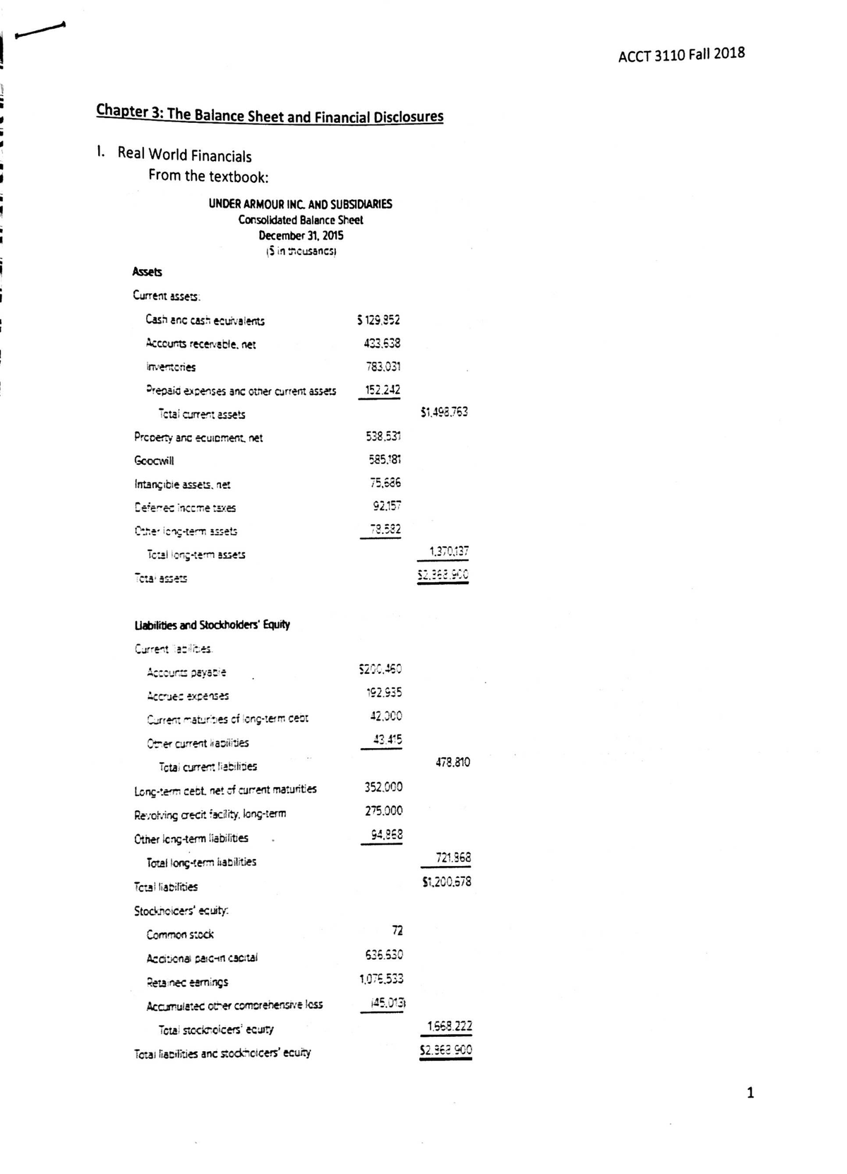 ACCT 3110 The Balance Sheet and Financial Disclosures (with B S ...