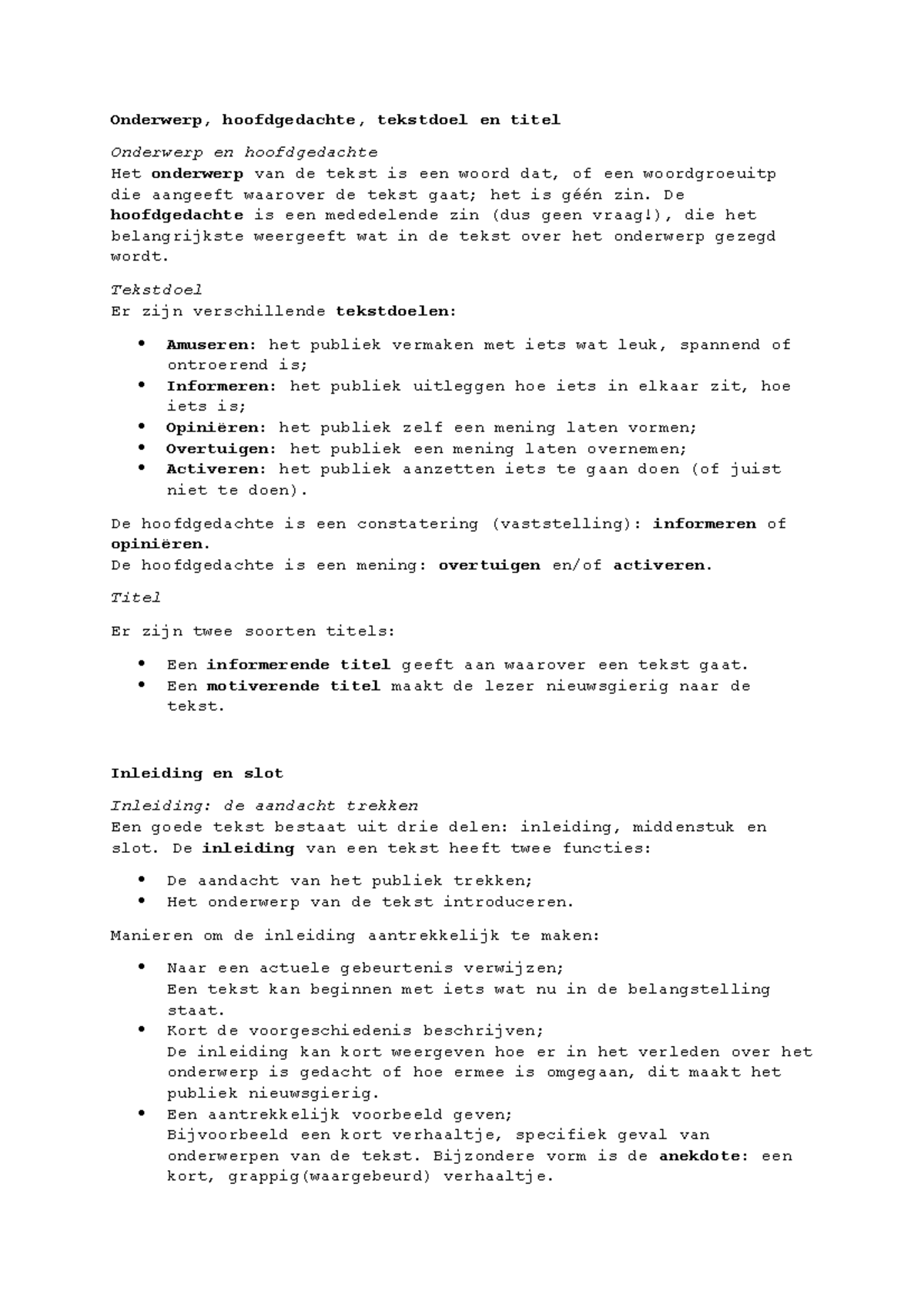 Nederlands Basis Samenvatting - Onderwerp, Hoofdgedachte, Tekstdoel En ...