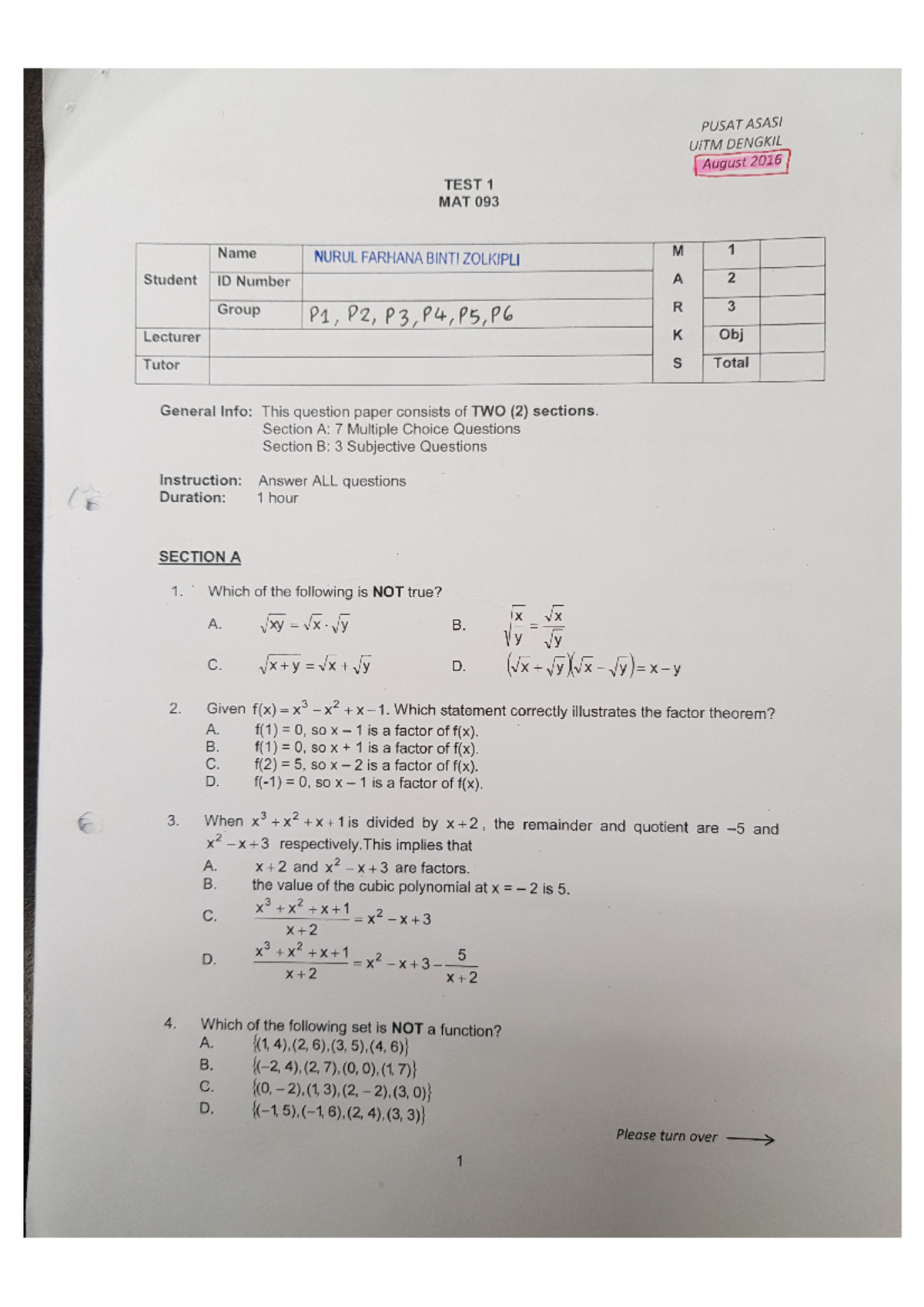 August 2016 - Past Year Test MAT093 - Foundation of Mathematics - Studocu