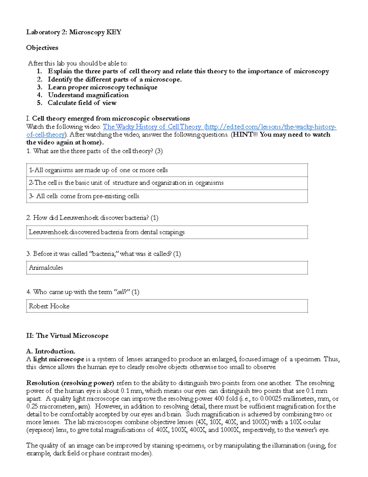 Lab 2 Microscopy Write up Laboratory 2 Microscopy KEY Objectives