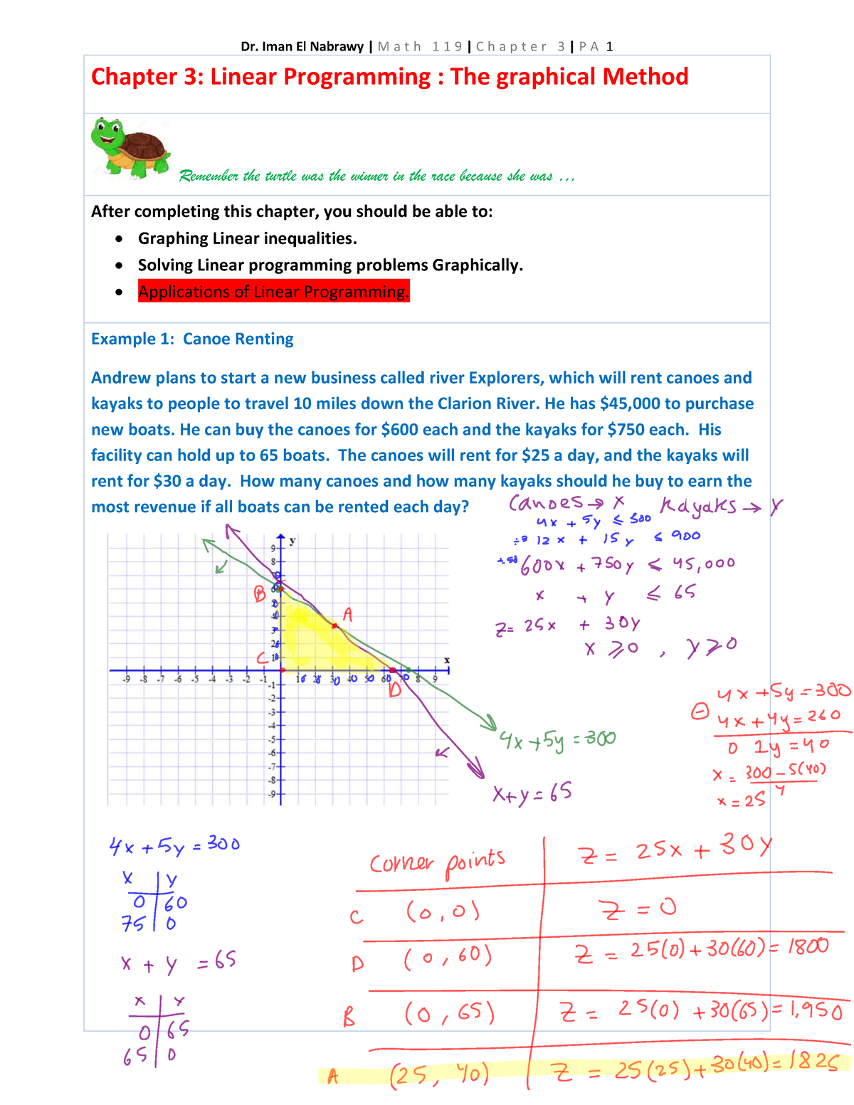 119-Section 3 - Chapter 3: Linear Programming : The graphical Method  Remember the turtle was the - Studocu