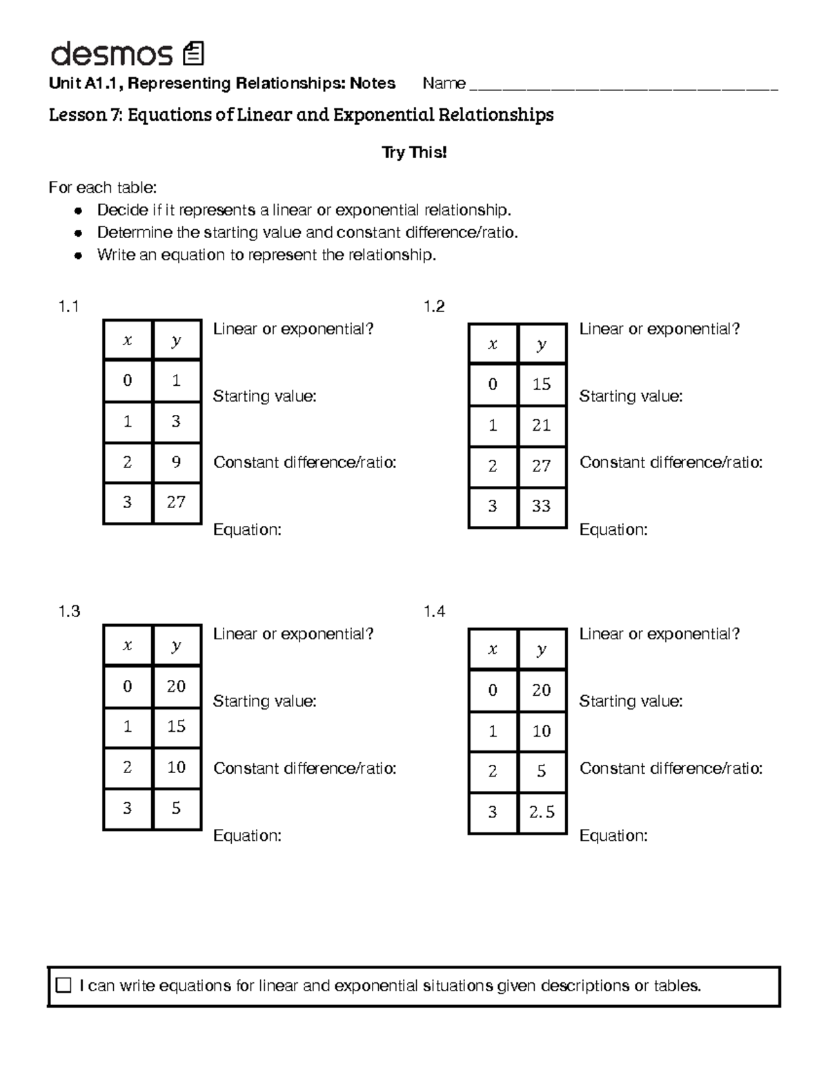 Exponential Day 1 Independent Practice - Unit A1, Representing ...