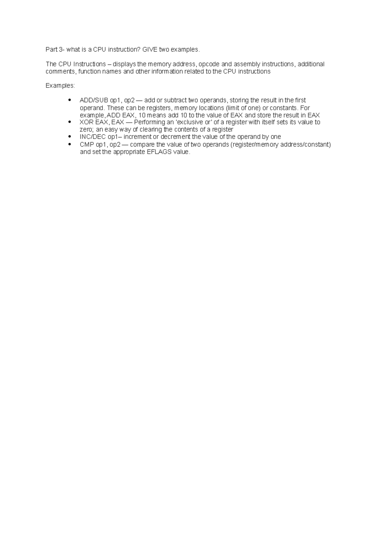Homework notes Part 3 what is a CPU instruction? GIVE two examples