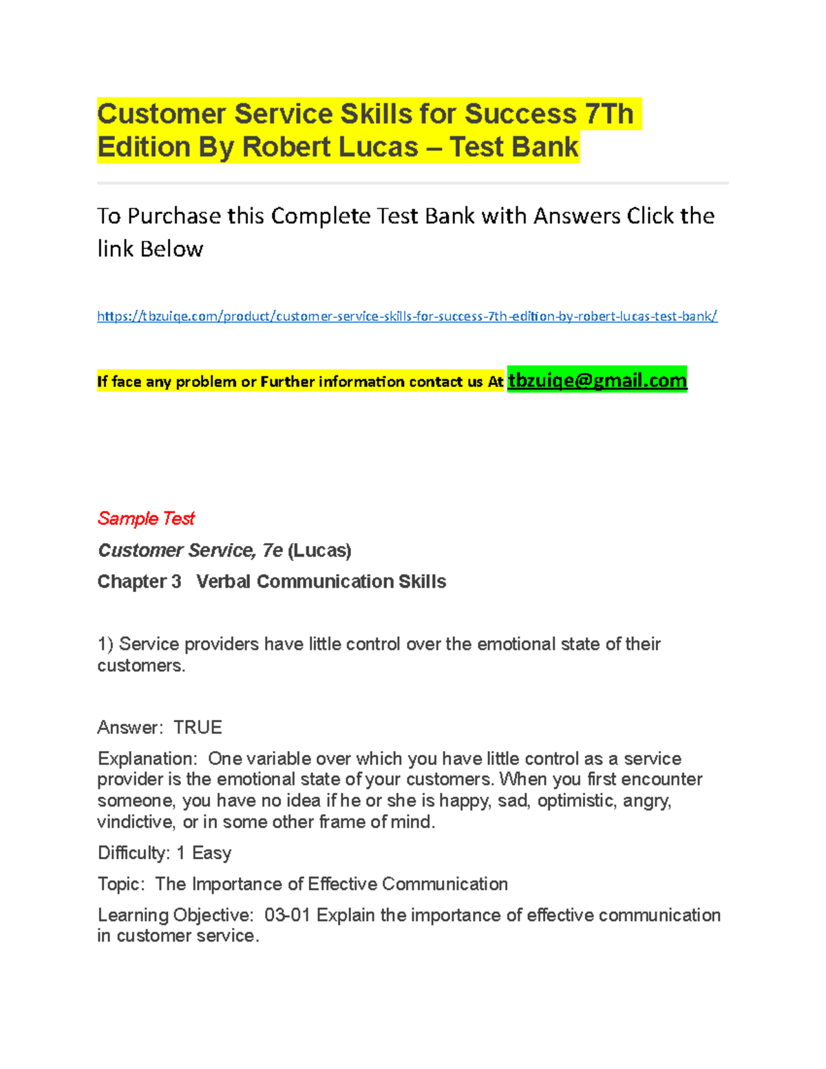 Customer service skills for success 7th edition by robert lucas test bank answer true studocu