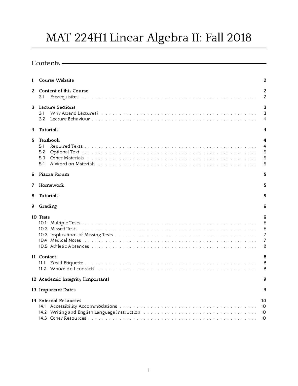 MAT224 Syllabus F2018 - Contents - MAT 224H1 Linear Algebra II: Fall 1 ...