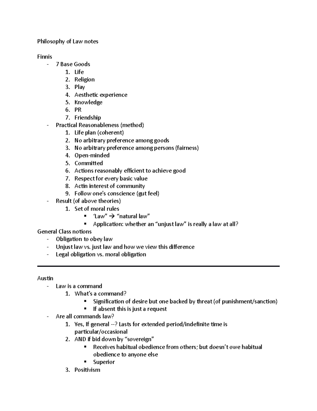 Philosophy of Law notes - Philosophy of Law notes Finnis - 7 Base Goods ...