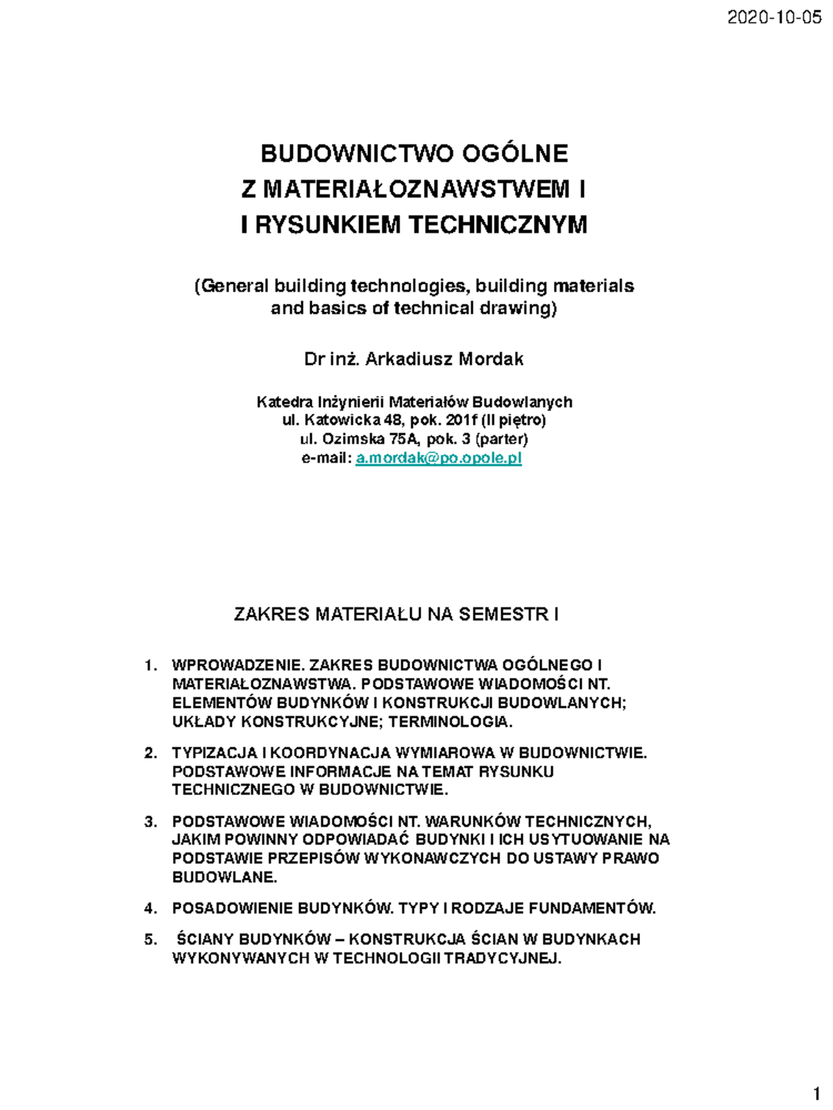 Wykład 1 - Prezentacja z wykładu - BUDOWNICTWO OGÓLNE Z