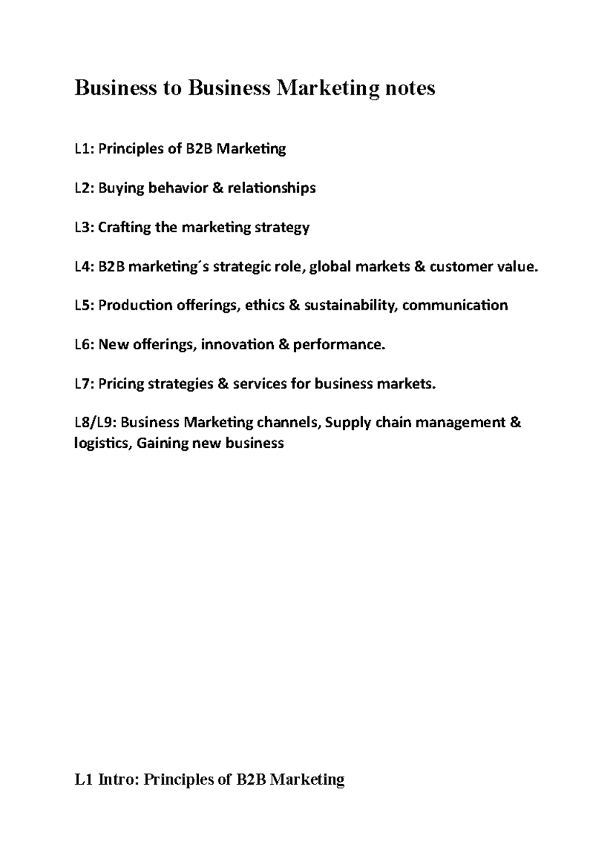Business to Business Marketing notes - L5: Producion oferings, ethics ...