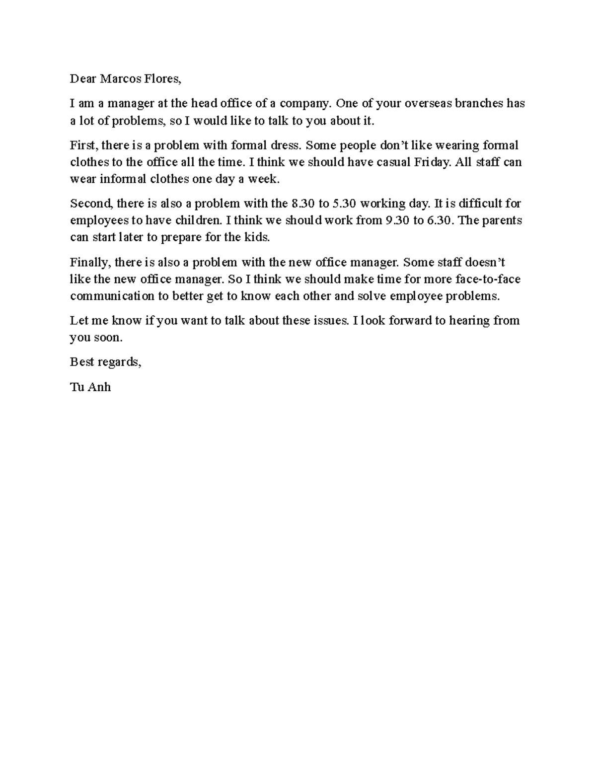 Revision Writing Letter - Dear Marcos Flores, I am a manager at the ...