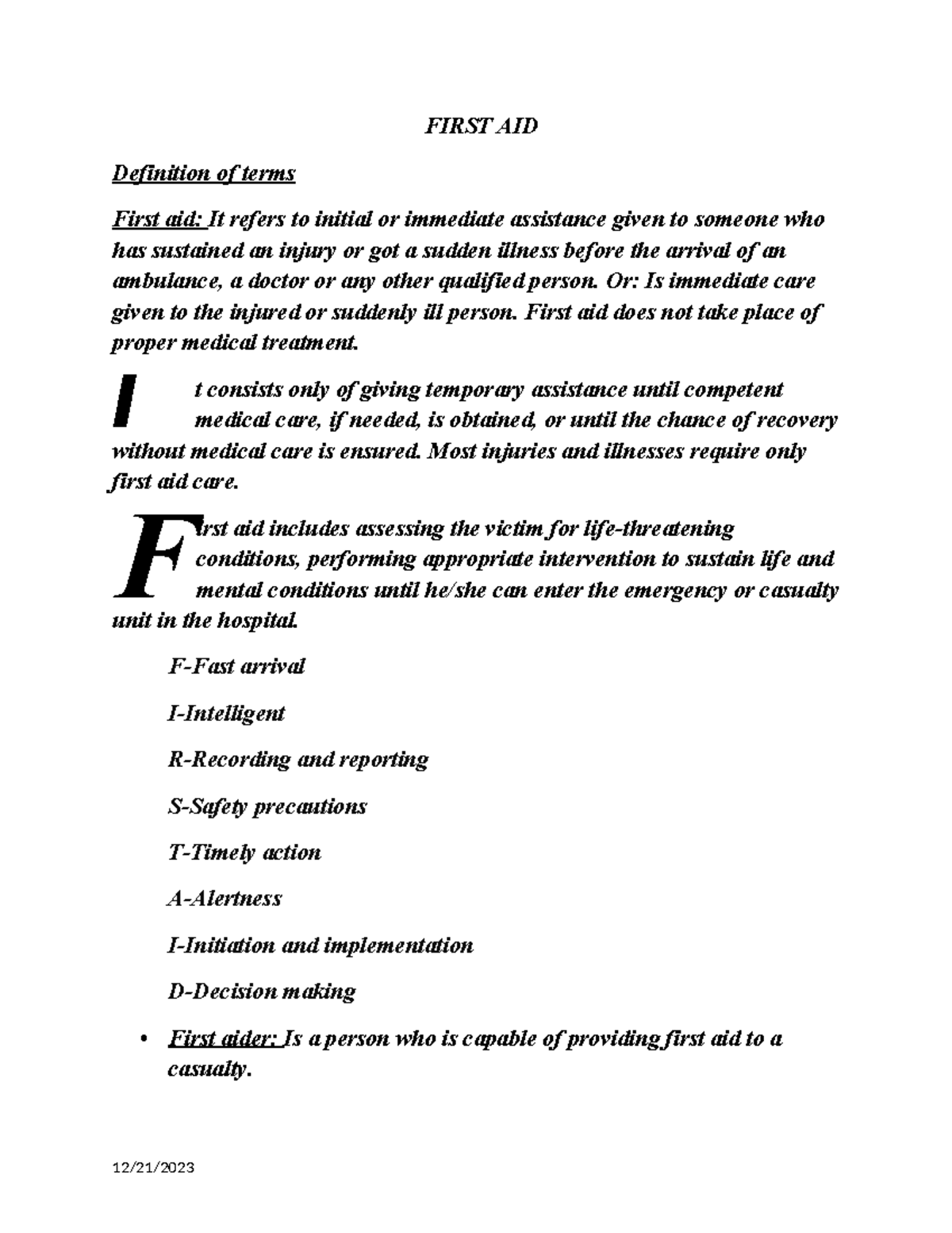 First AID notes are for year one semester one FIRST AID Definition