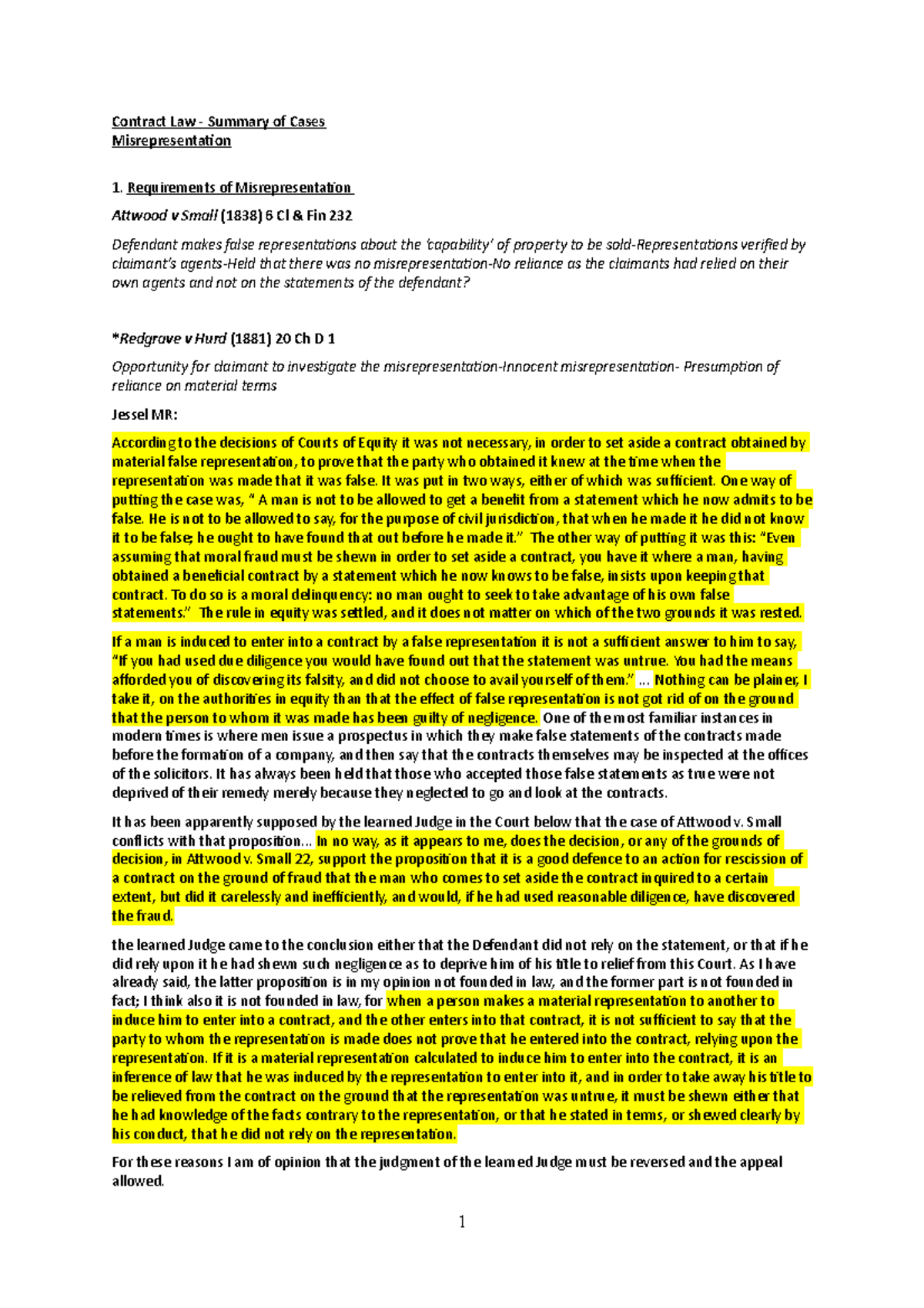 Summary Of Cases - Misrepresentation - Contract Law - Summary Of Cases 