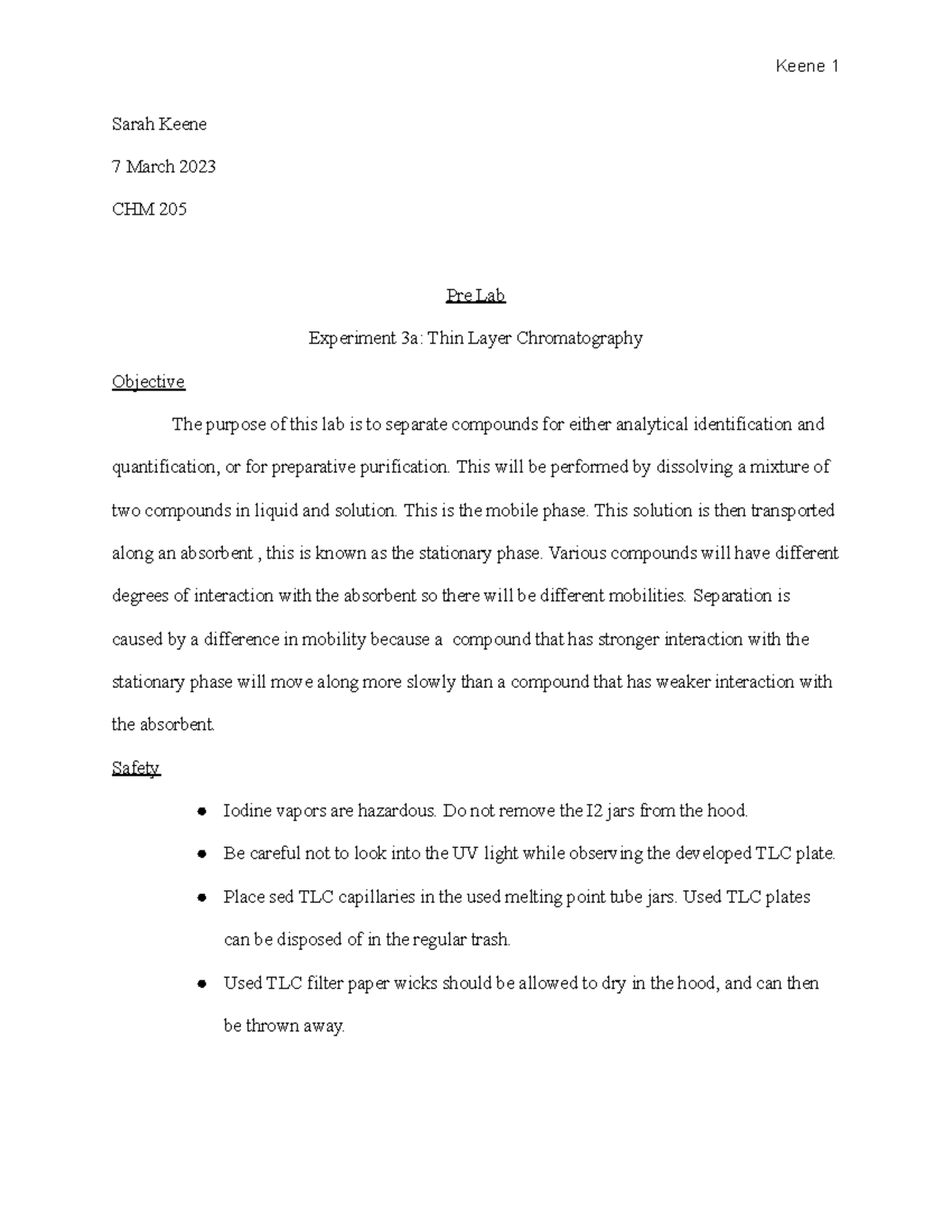 Lab report Experiment 3a 3b - Sarah Keene 7 March 2023 CHM 205 Pre Lab ...