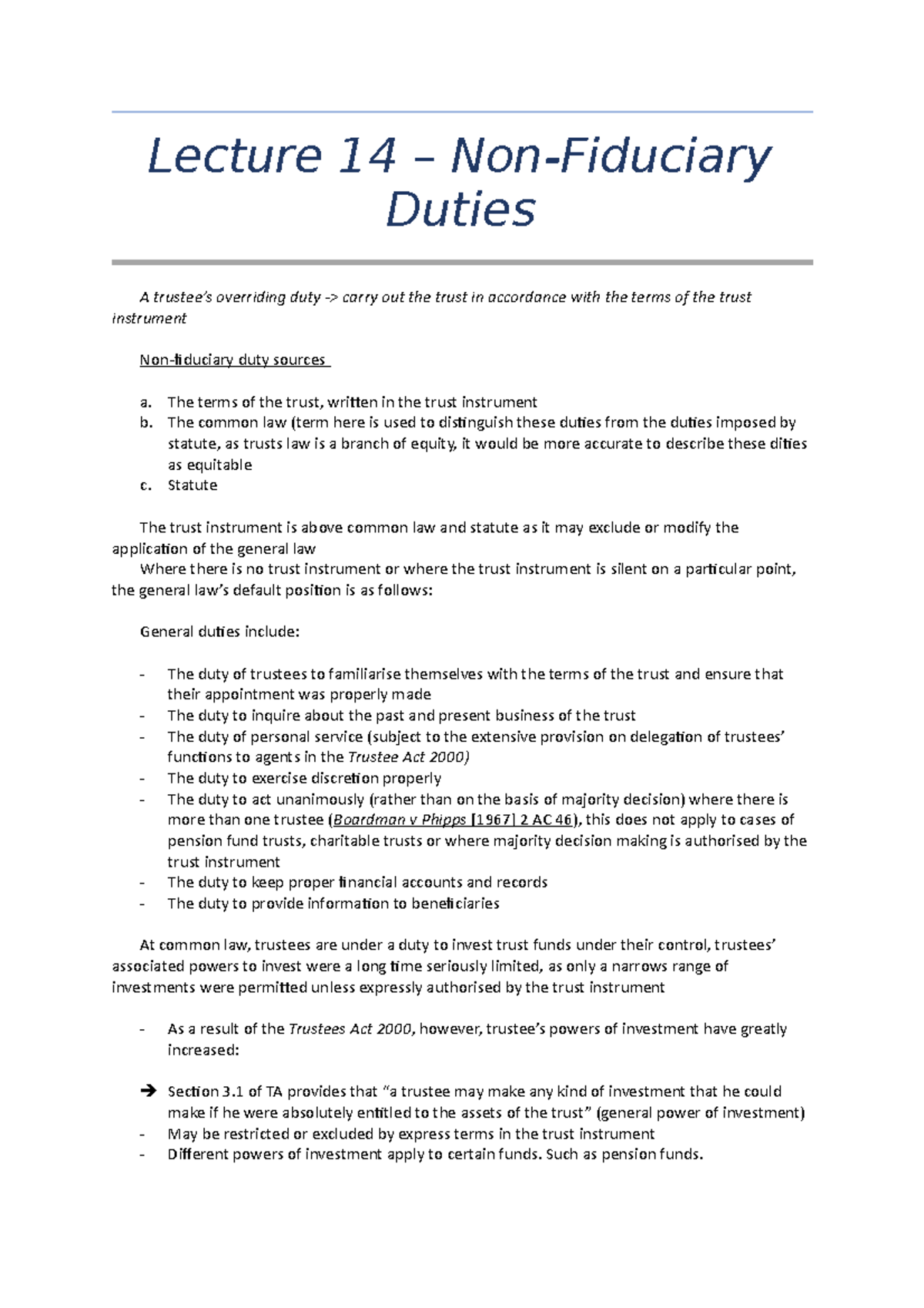 Week 14 - Non Fiduciary Duties - Lecture 14 – Non-Fiduciary Duties A ...