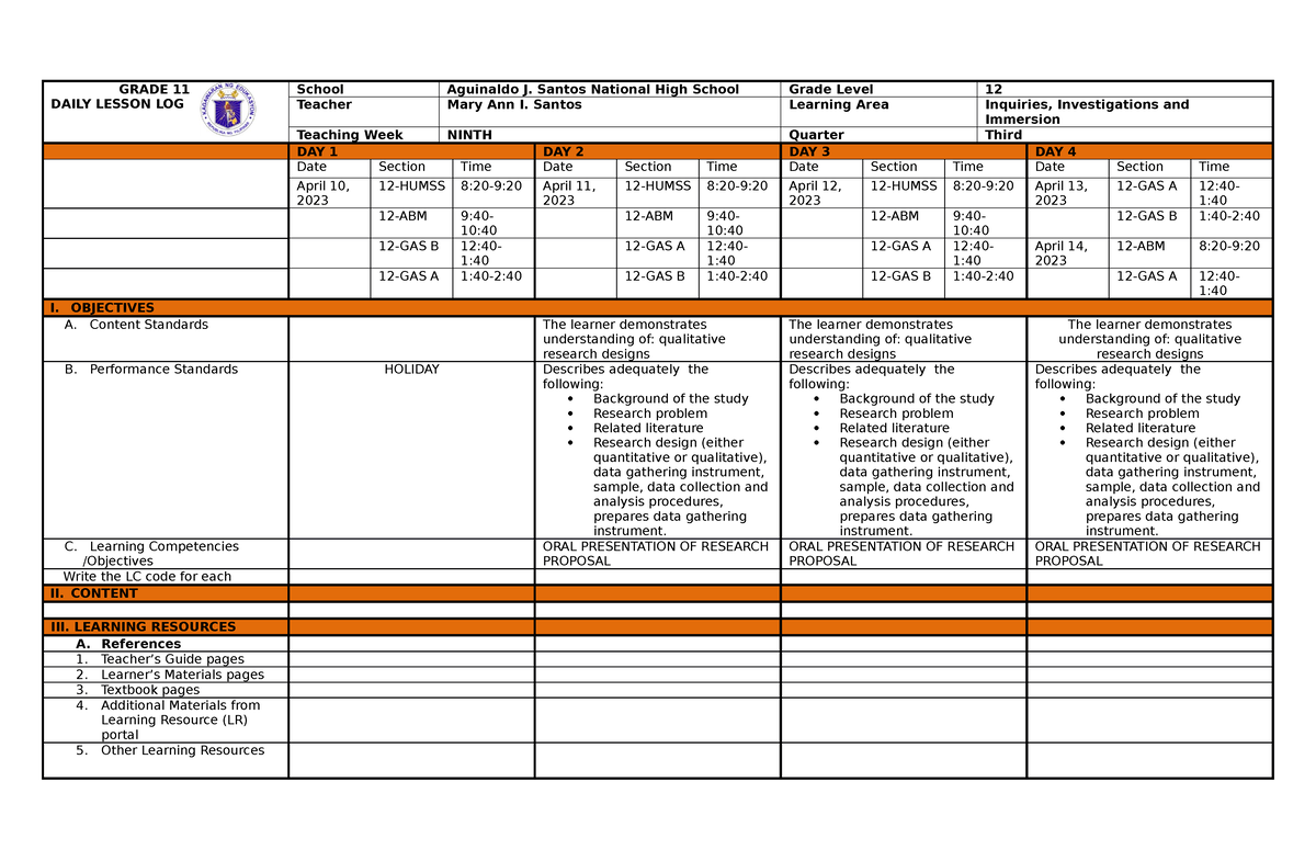 I3-9th WEEK DLL - lesson plan - GRADE 11 DAILY LESSON LOG School ...