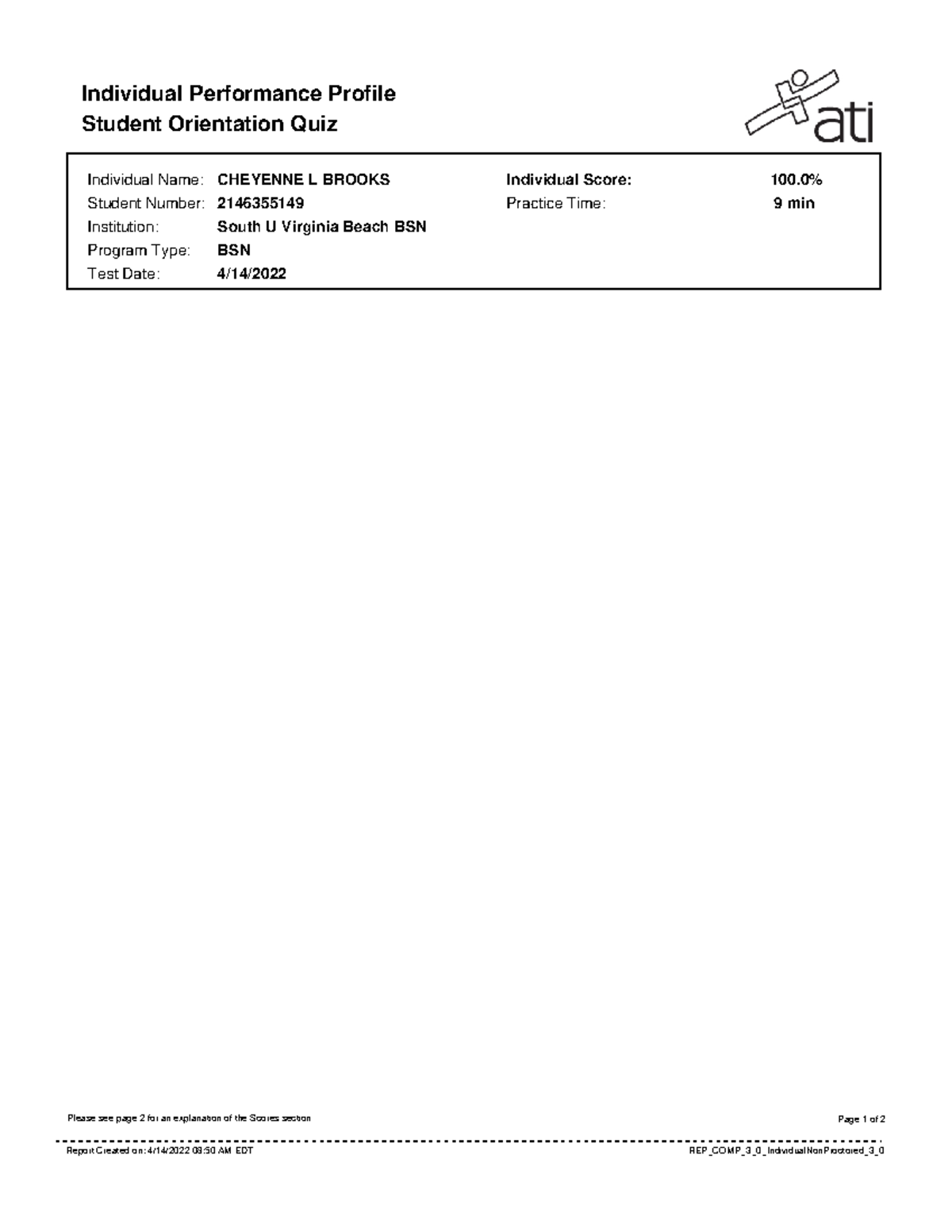 Report - bio - Individual Performance Profile Student Orientation Quiz ...
