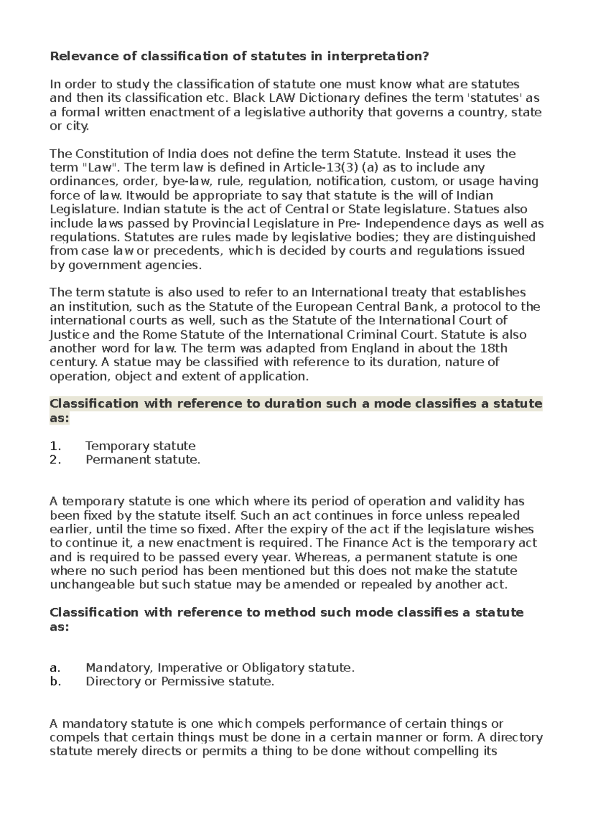 IOS Relevance of classification of statutes in interpretation