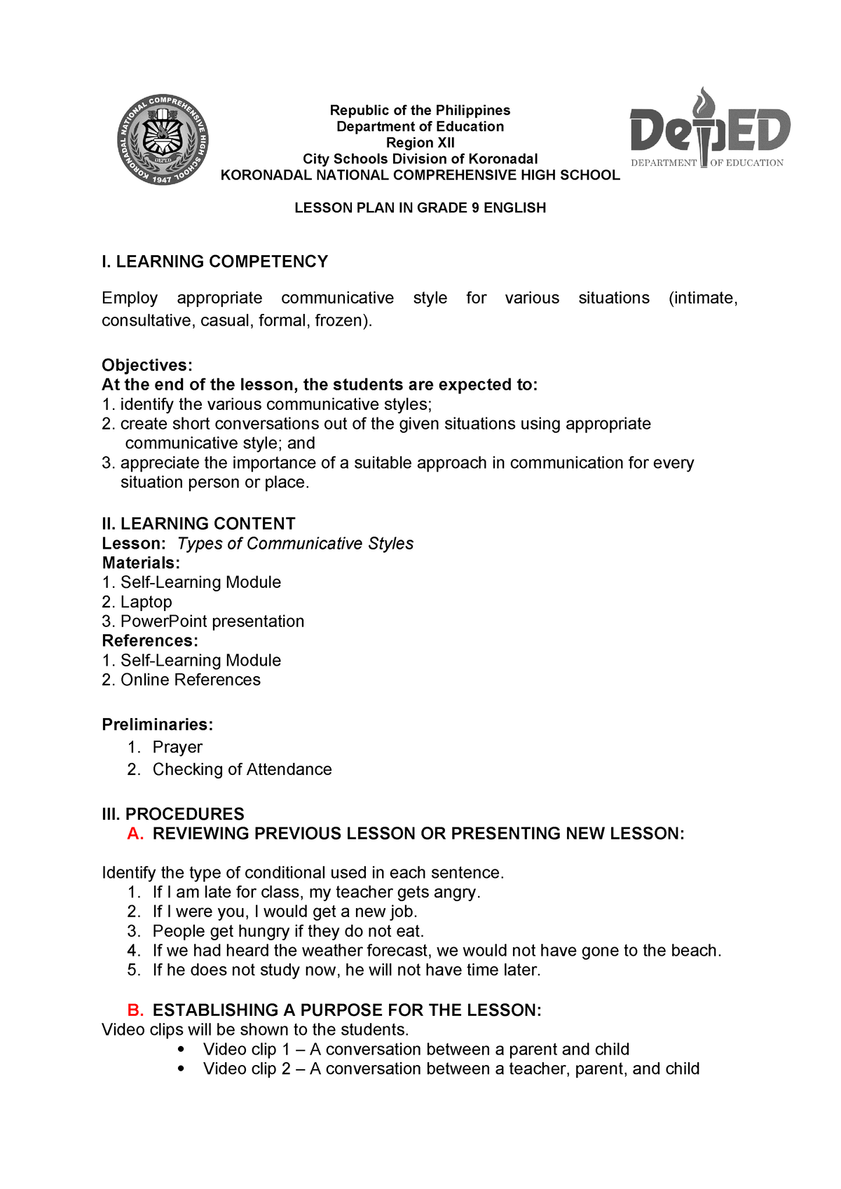 Co1 Lp Communicative Styles Republic Of The Philippines Department Of Education Region Xii 8243