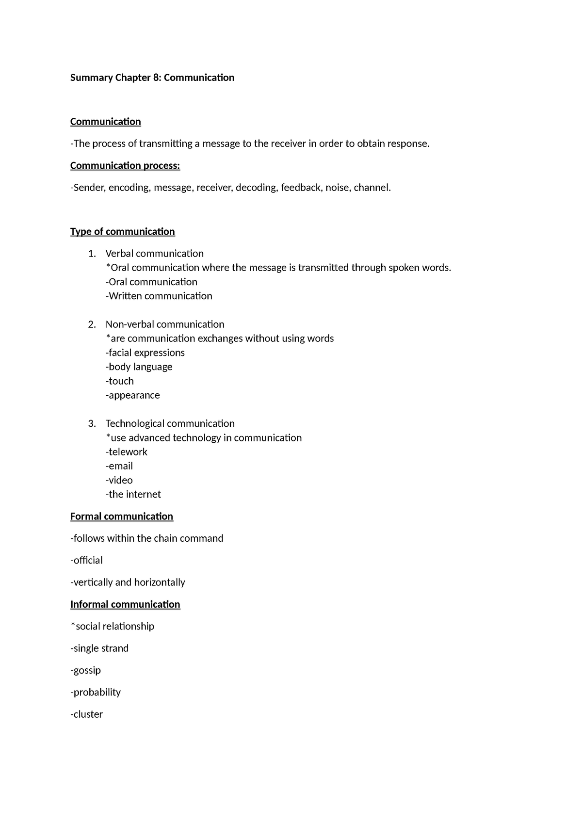 Summary Chapter 8 - Communication Process: -Sender, Encoding, Message ...