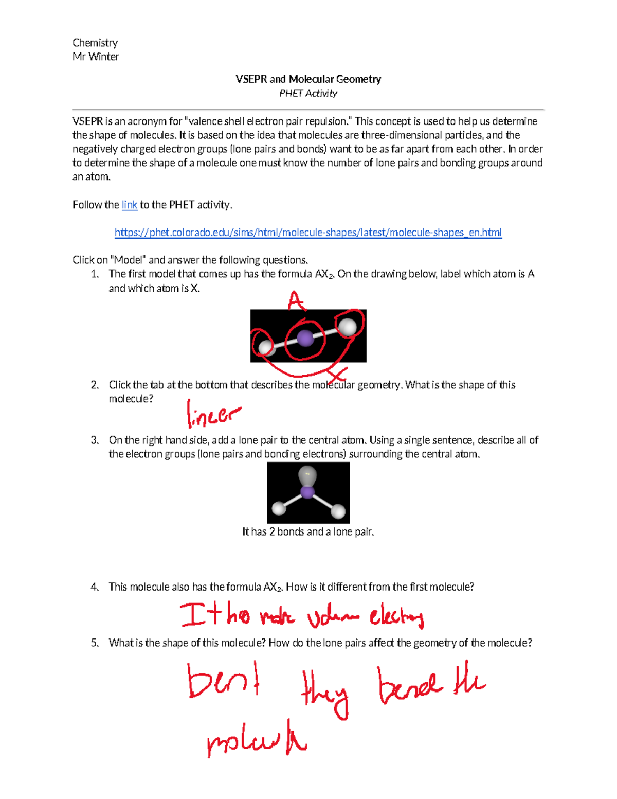 Copy of Vsepr and Molecular Geometry- PHET - Chemistry Mr Winter VSEPR ...