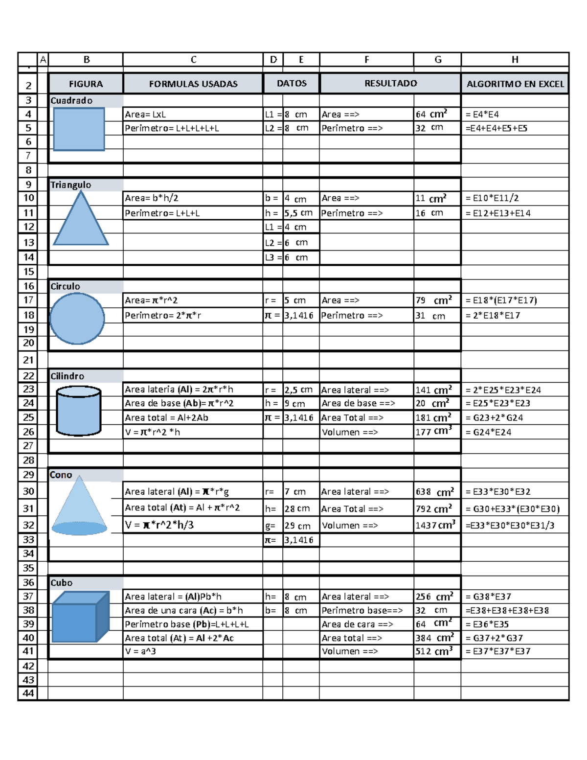 Ejemplo Formulas Para Area Y Volumen De Figuras 1 2 3 4 5 6 7 8 9 10