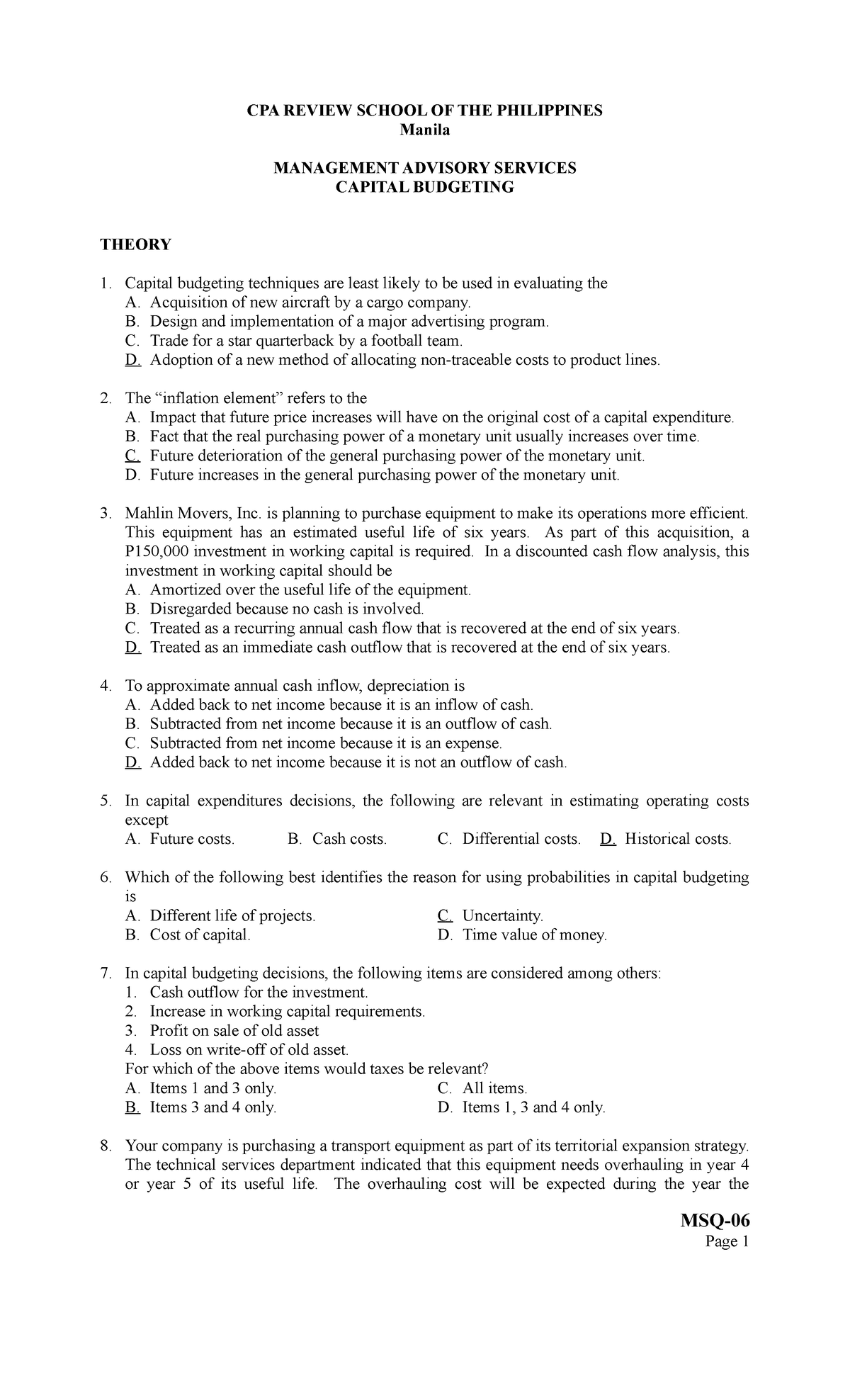 Capital-Budgeting CPAR - CPA REVIEW SCHOOL OF THE PHILIPPINES Manila ...